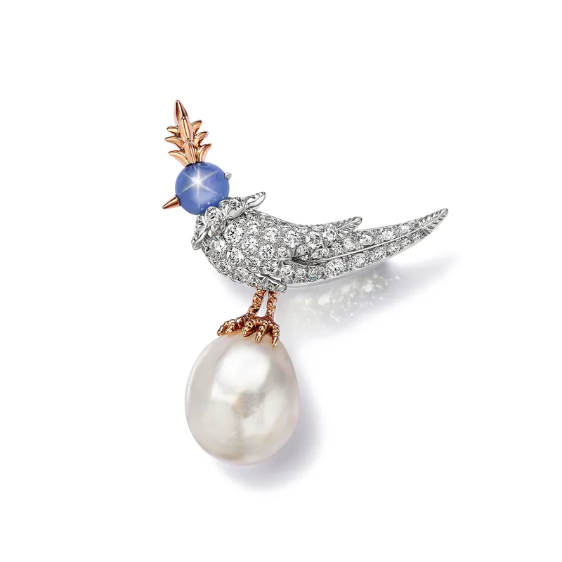 <p>Tiffany &amp; Co. Bird on a Pearl high jewellery brooch set with a white semi-baroque natural saltwater pearl of 18.30 carats, a star sapphire and diamonds</p>
