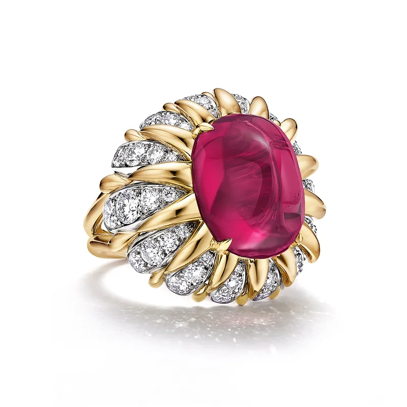Tiffany & Co. Blue Book Blossom ring, set with an oval cabochon rubellite and diamonds in 18k gold