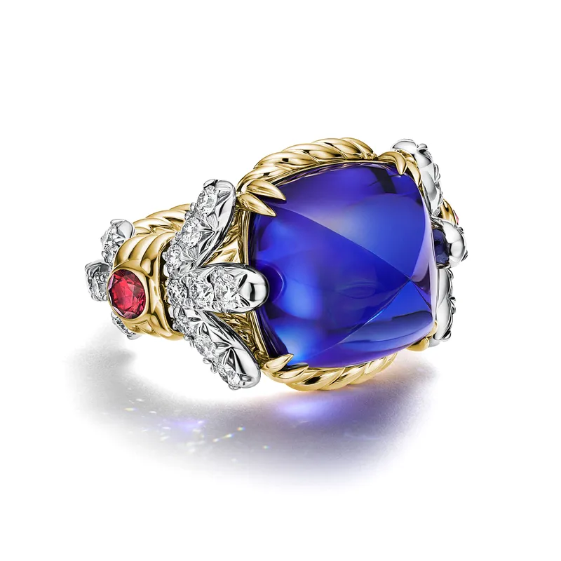 Tiffany & Co. Blue Book Raffia ring, set with a sugarloaf tanzanite, rubies and diamonds in 18k gold