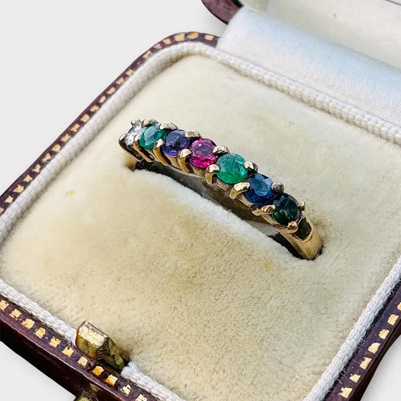 <h4 id="isPasted">Victorian inspired 9ct gold acrostic ring featuring a diamond, two emeralds, an amethyst, a ruby, a sapphire, and a (green) tourmaline</h4>
