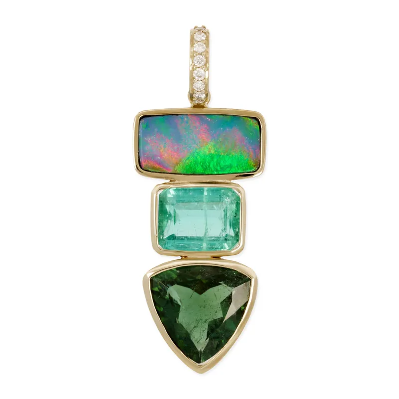<p>Triple Step earrings, set with opal, light-green tourmaline and dark-green tourmaline</p>
