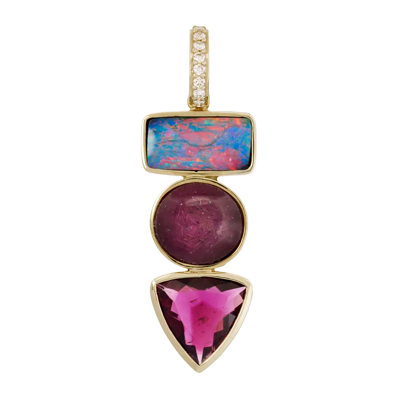 <p>Triple Step earrings, set with opal, ruby and dark-pink tourmaline</p>
