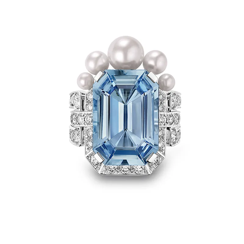 Chaumet Menthe ring, set with an emerald-cut aquamarine, pearls and diamonds