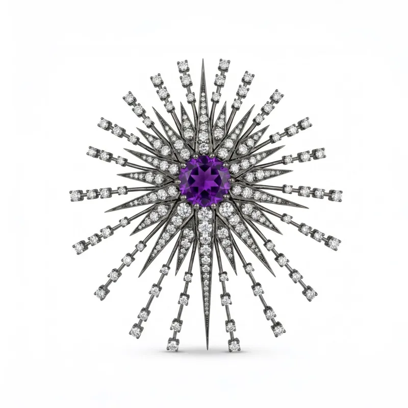 <p>Host Alan Cumming wore the Royal Supernova brooch by Atlas Carré, set with an amethyst and asymmetric laboratory-grown diamonds in grey gold</p>