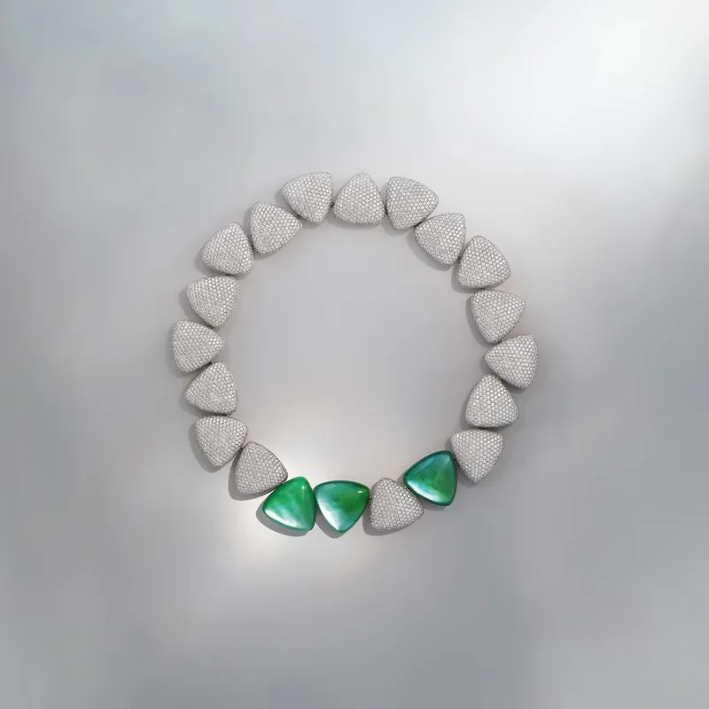 Vhernier Freccia High Jewellery necklace with jade, mother of pearl, rock crystal and 60.76 carats of diamonds in white gold 