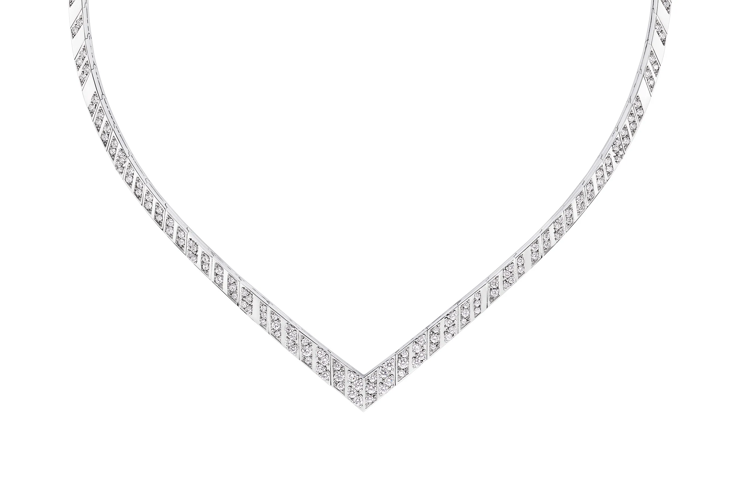 Joséphine necklace in white gold, set with brilliant-cut diamonds in a clean V-shaped silhouette.