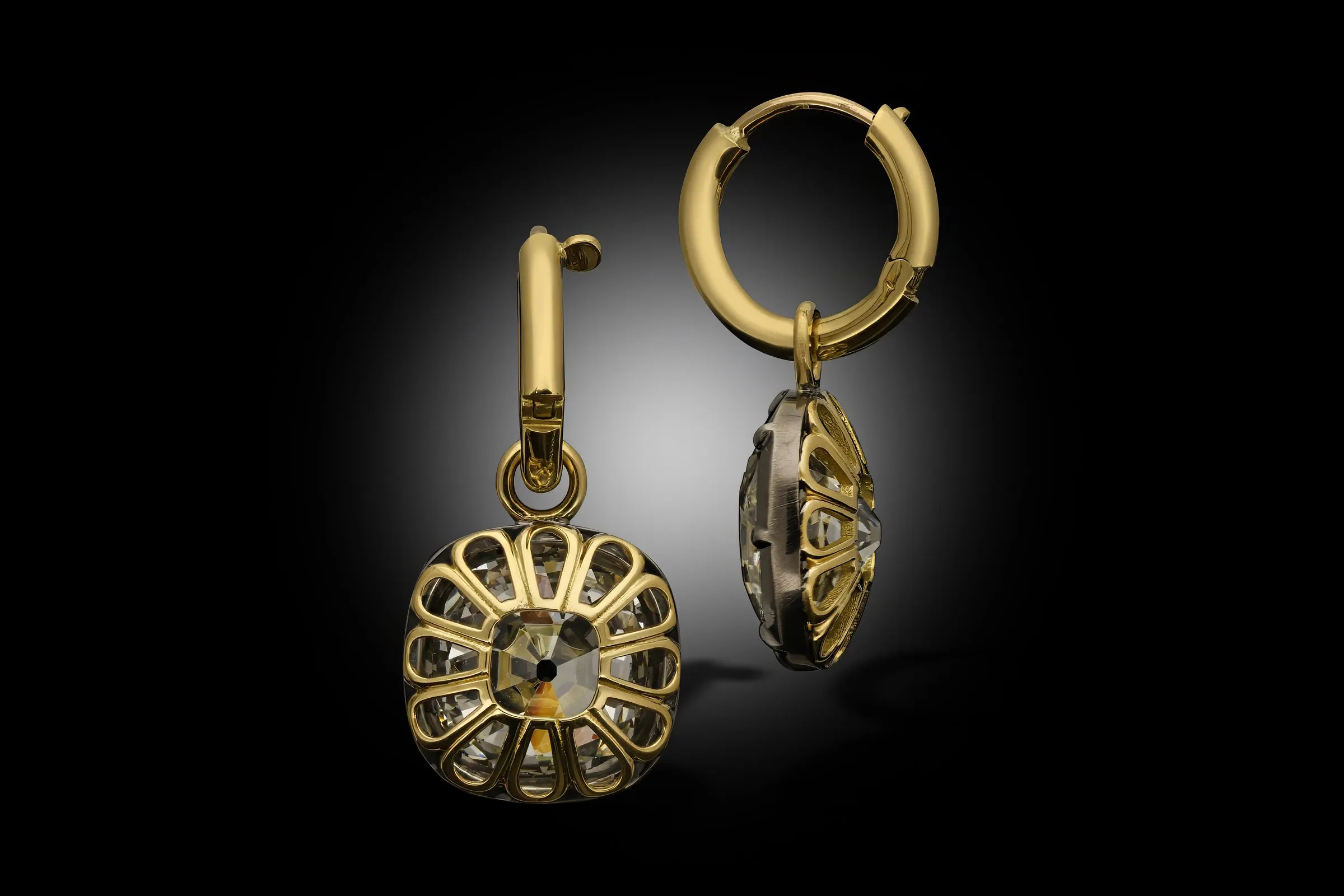 <p>13.24ct Old Mine Cushion Cut Diamond Georgian Revival Earrings by Hancocks</p>