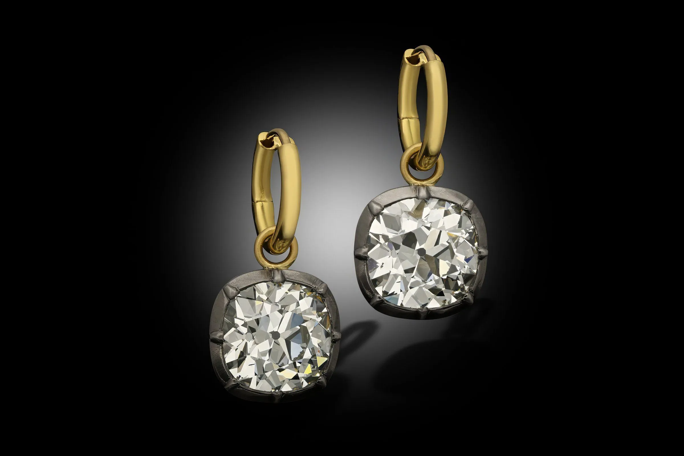 <p>13.24ct Old Mine Cushion Cut Diamond Georgian Revival Earrings by Hancocks</p>