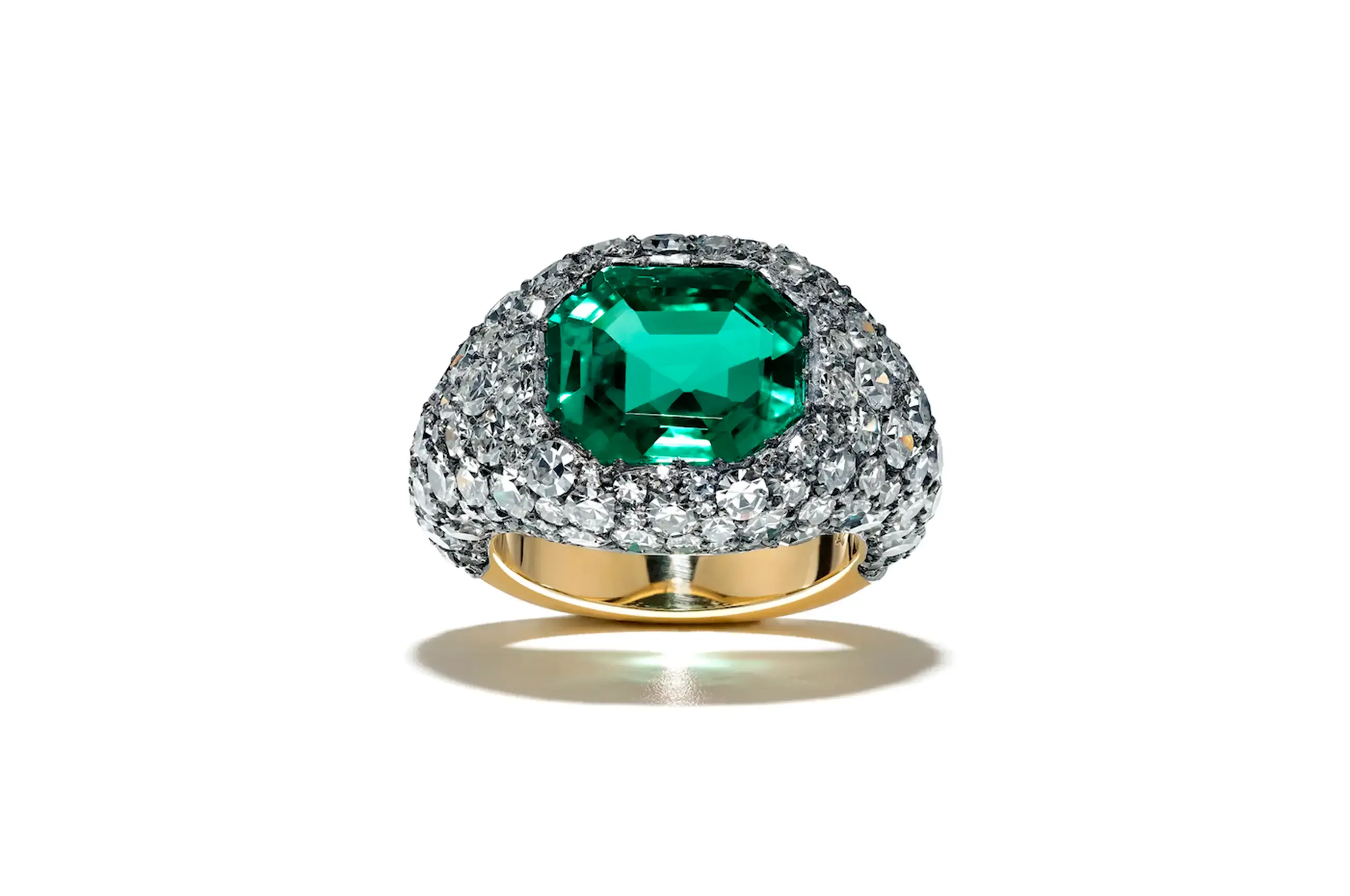 A creation by Glenn Spiro. An Extremely Rare and Important ‘No Oil’ Colombian Emerald Ring, set with a 7.18-carat ‘Old Mine’ Cushion-shaped Natural Colombian Emerald; in Gold and Silver and Diamonds.