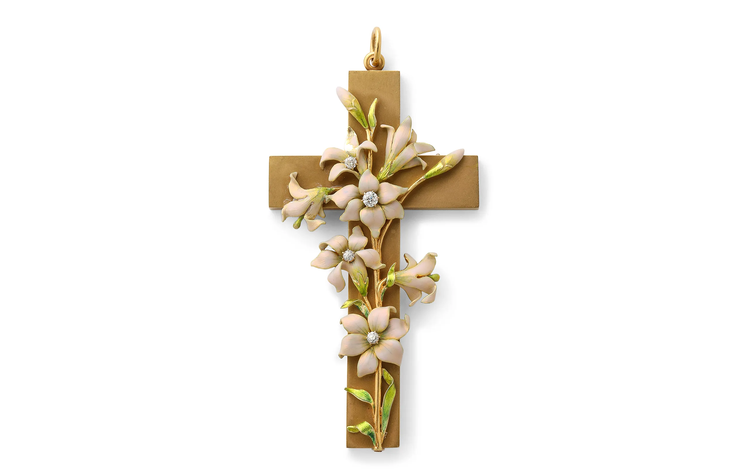 <p>A La Vieille Russie will present this Krementz & Co. large gold pendant cross decorated with pink enamel flowers and diamonds (c. 1890) at TEFAF Maastricht 2025</p>