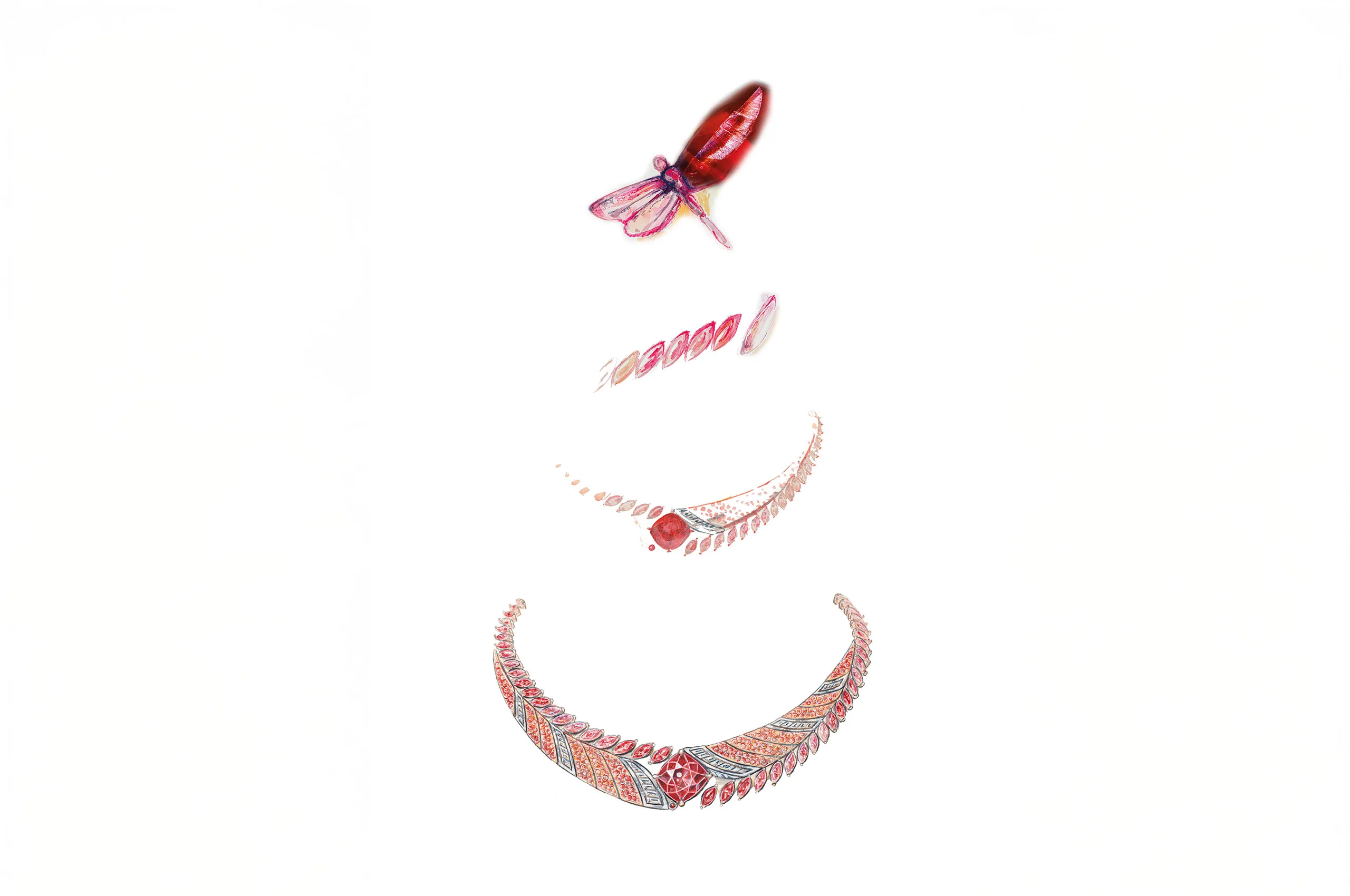 <p>The Tanzanian Sunrise High Jewellery necklace from the House of Gübelin draws inspiration from the internal inclusions found in a 22 carat cushion-shaped Tanzanian red spinel, which reminded the team of a dragonfly in flight </p>
