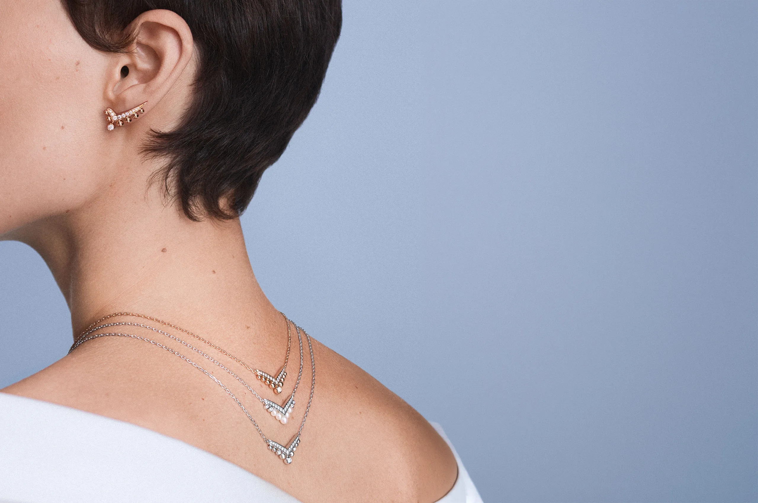 Joséphine pendants and earrings in rose and white gold, accented with Akoya pearls, polished gold beads and diamond pavé.