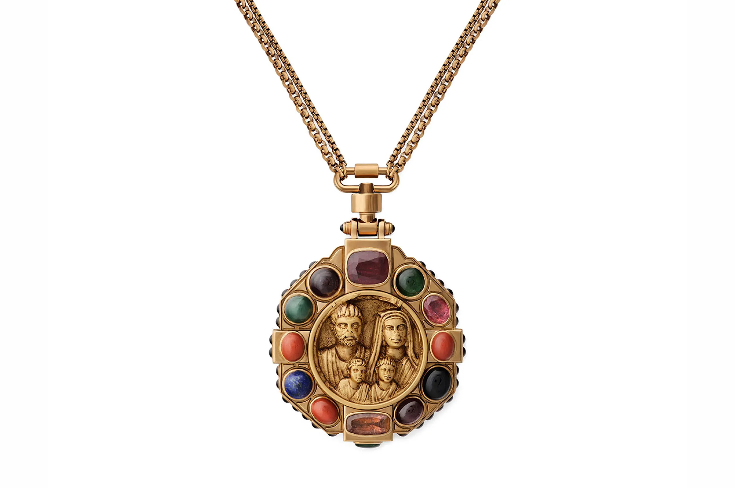 Sabyasachi pendant necklace in 18kt and 22kt gold, set with tourmaline, garnet, jasper, lapis lazuli and jade, inspired by a 2nd–3rd-century Roman marble funerary relief.