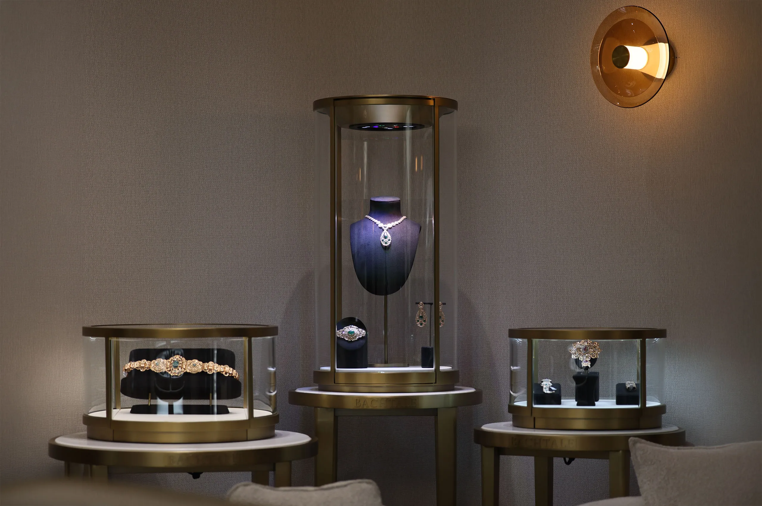 The warmth of Bachtale's homeland shines through in its golden metalwork, geometric settings and coloured gemstones