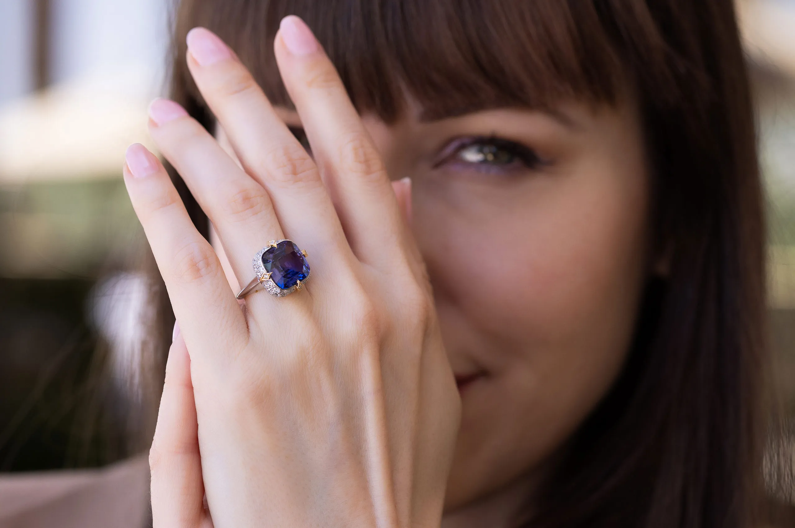 Katerina Perez wears Bayco’s purple sapphire ring, a jewel she believes would look perfectly at home in a royal collection