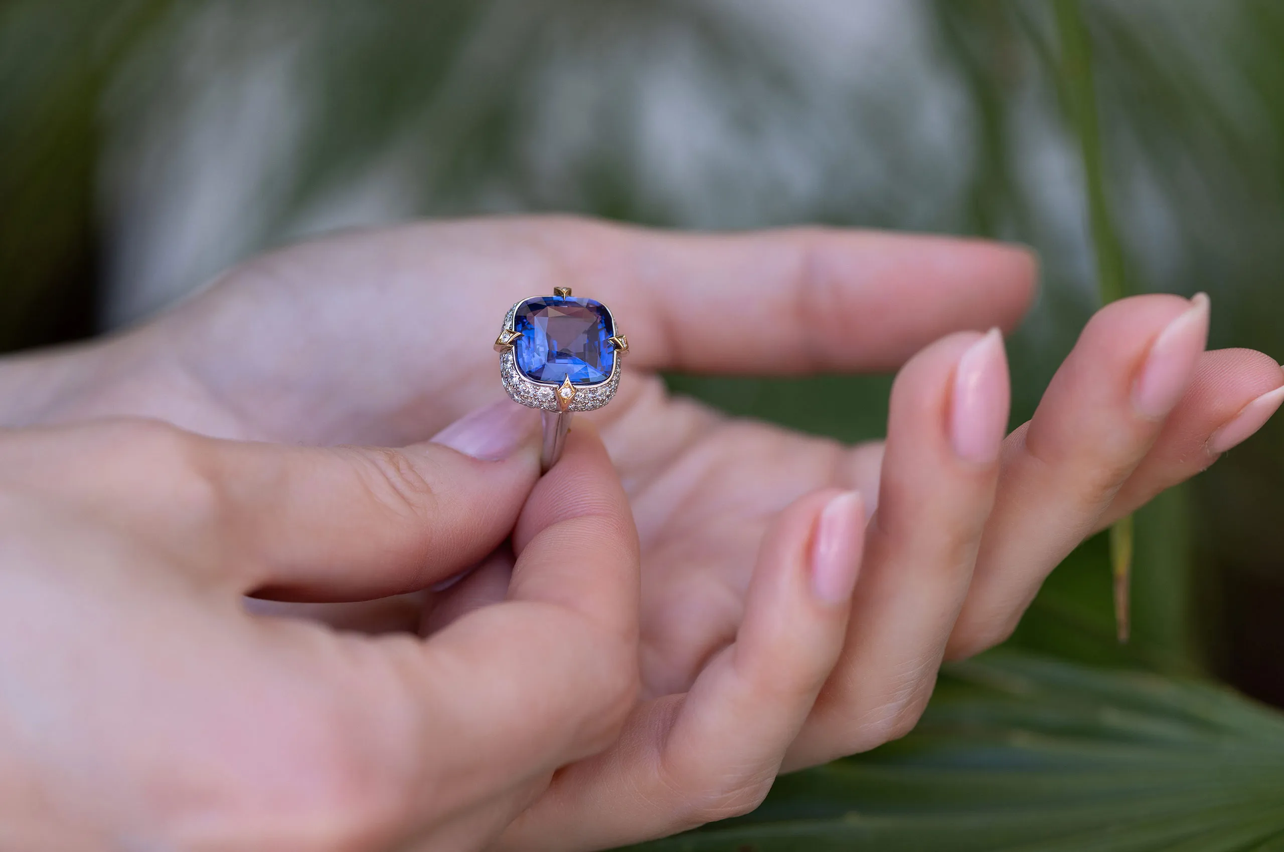 Diamond-set kite-shaped claws secure the cushion-cut sapphire, surrounded by 1.24 carats of diamonds in platinum and yellow gold