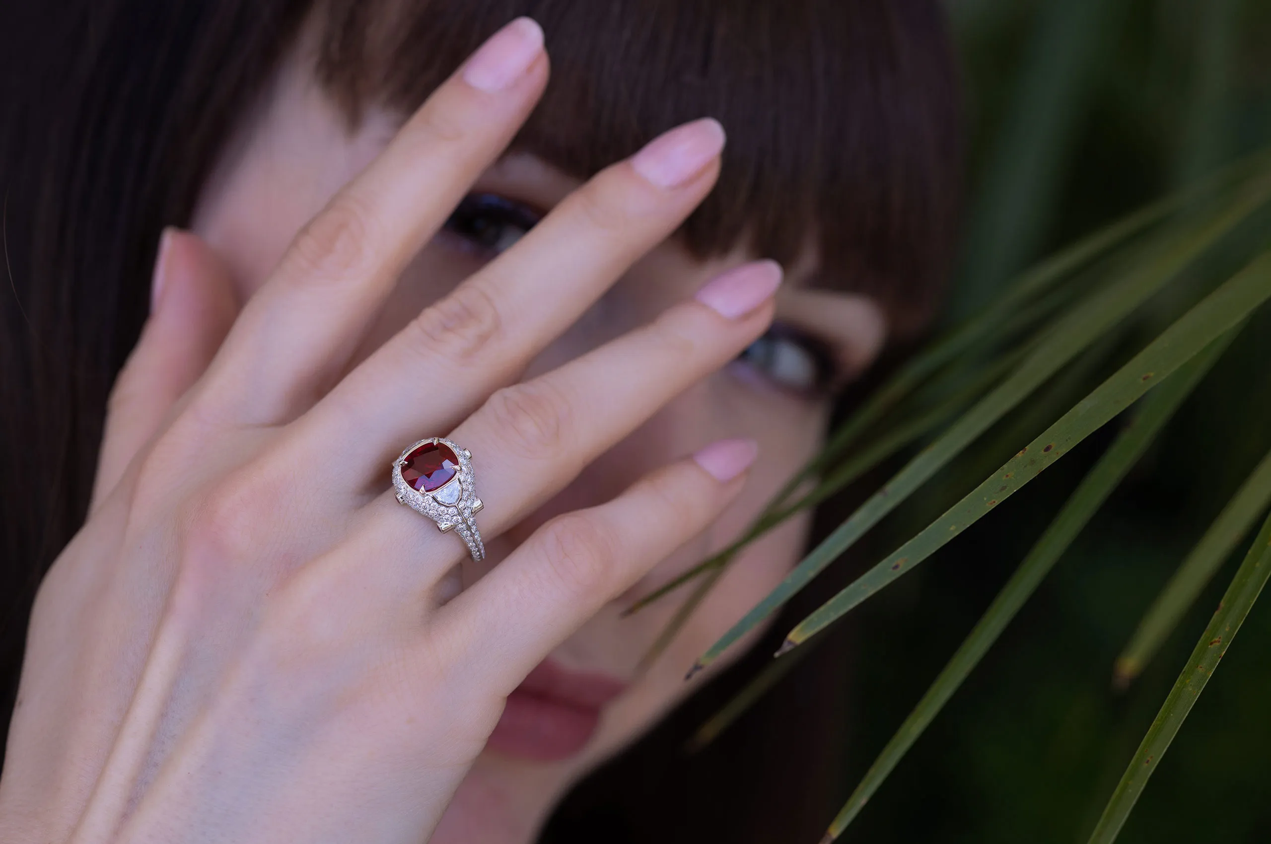Katerina Perez showcases the sculptural proportions of Bayco’s Burmese ruby and diamond bombé ring