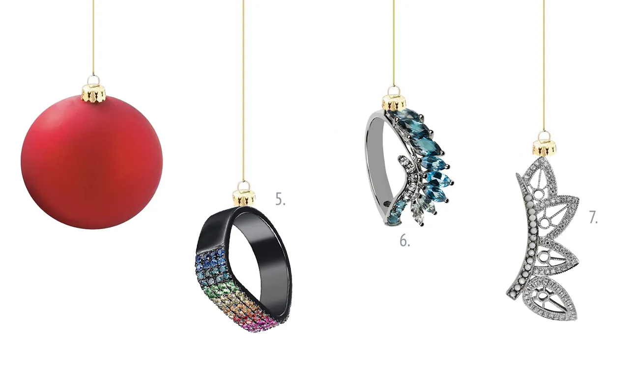<p>5. Lana Black Silver Rainbow Sapphire Knuckle Ring by AS29, £760 6. Radiant Ombre Blue Topaz Ring by Leyla Abdollahi, £1,360 7. Lace Diamond Ear Pin by Joelle Jewellery £1,120.</p>
