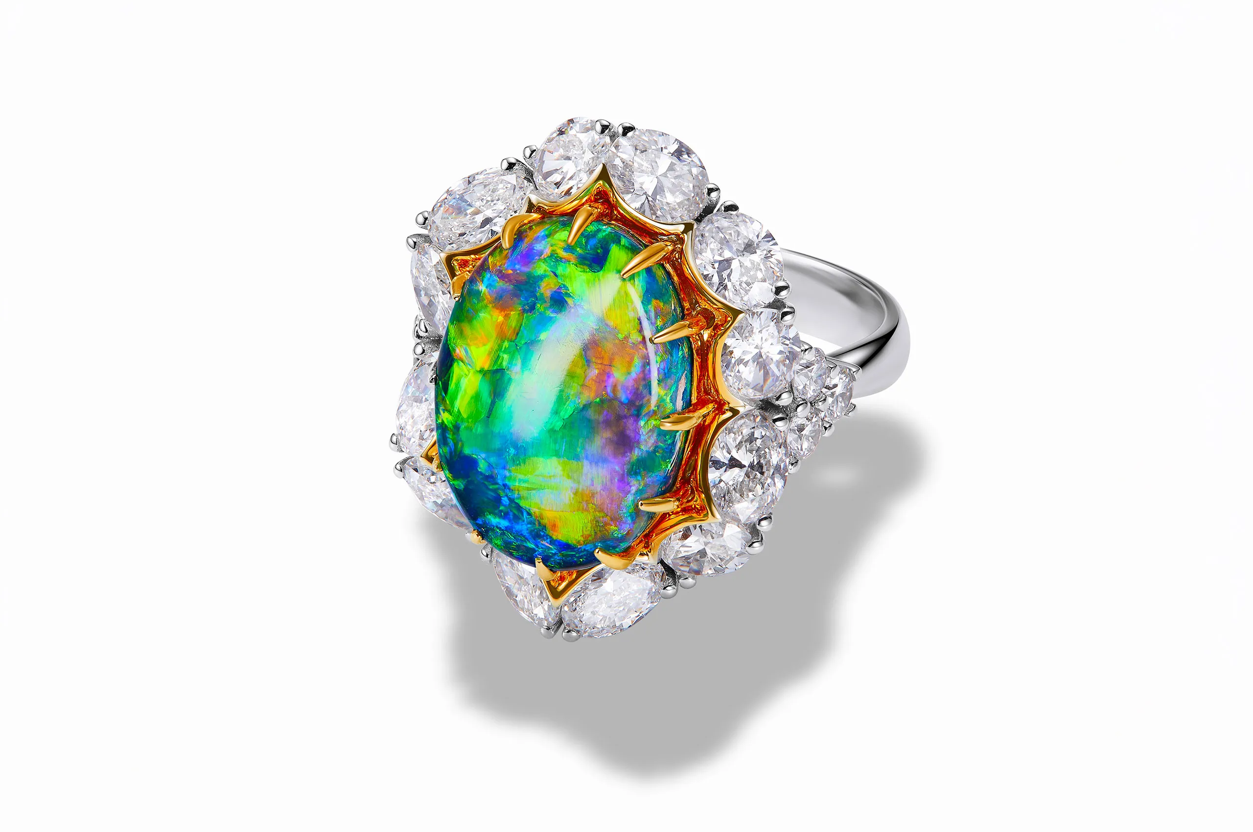 Olivia Chan Aurora black opal ring with a 7.19 carat Australian black opal and brilliant-cut diamonds set in 18k white and yellow gold 