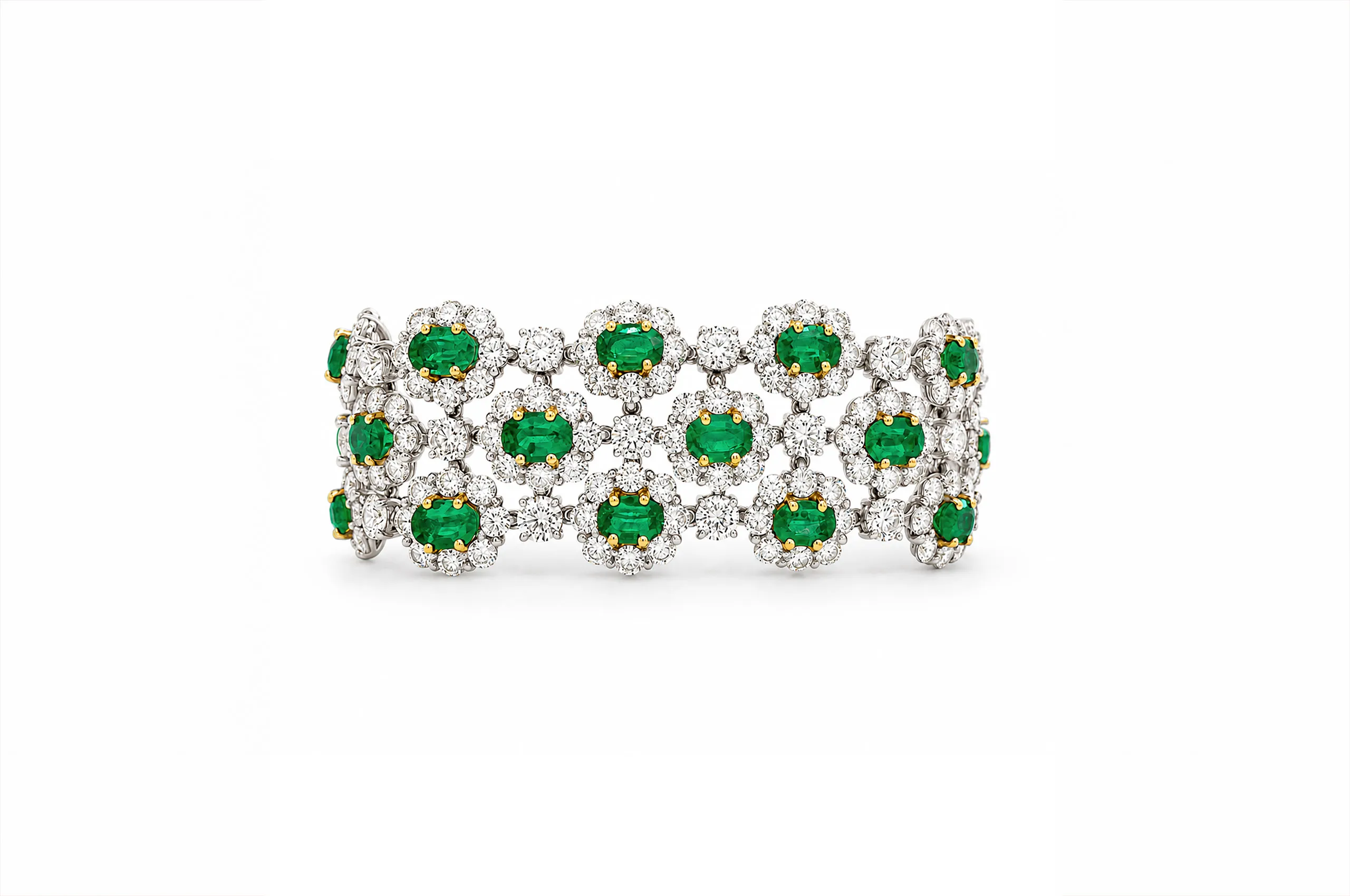 Bayco cluster bracelet set with 13.70 carats of perfectly matched Zambian emeralds and 28.30 carats of diamonds in platinum and 18k yellow gold
