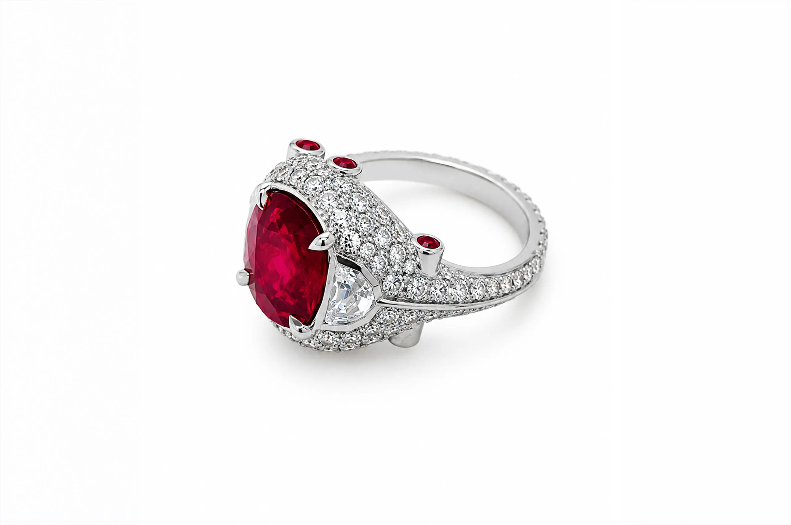 Bayco’s 3.09-carat Burmese pigeon’s blood ruby ring, with epaulette diamonds and a diamond-set bombé mount