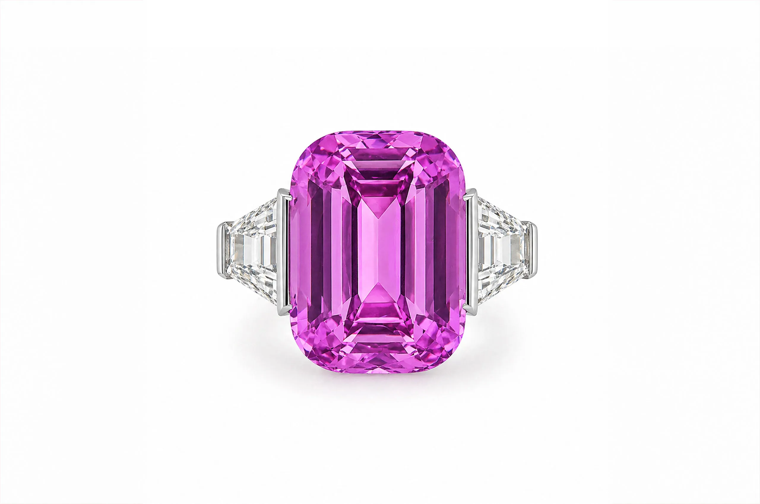 Bayco trilogy ring featuring an 11.10-carat cushion-cut pink sapphire flanked by 1.47 carats of trapezoid diamonds