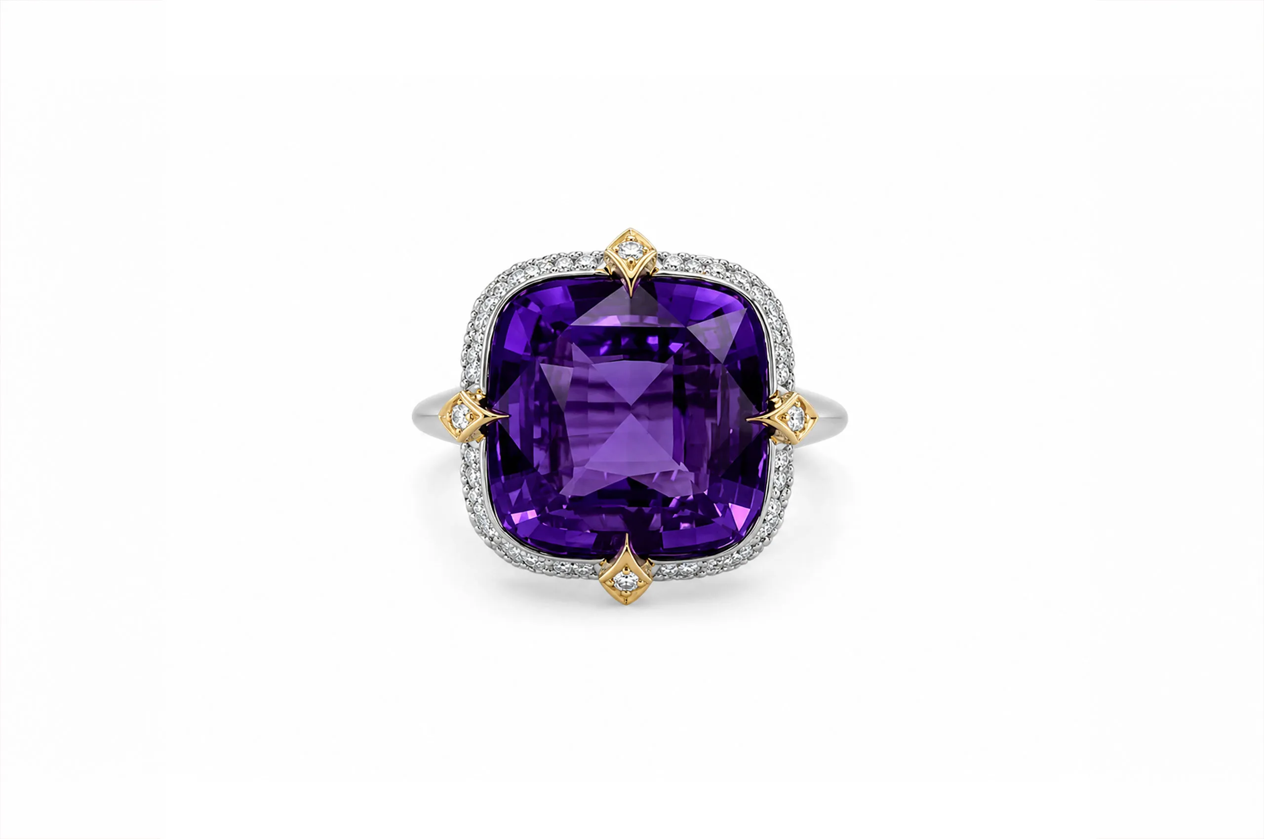Bayco ring showcasing a 7.97-carat natural, unheated purple sapphire, secured by diamond-set kite-shaped claws and framed by 1.24 carats of diamonds
