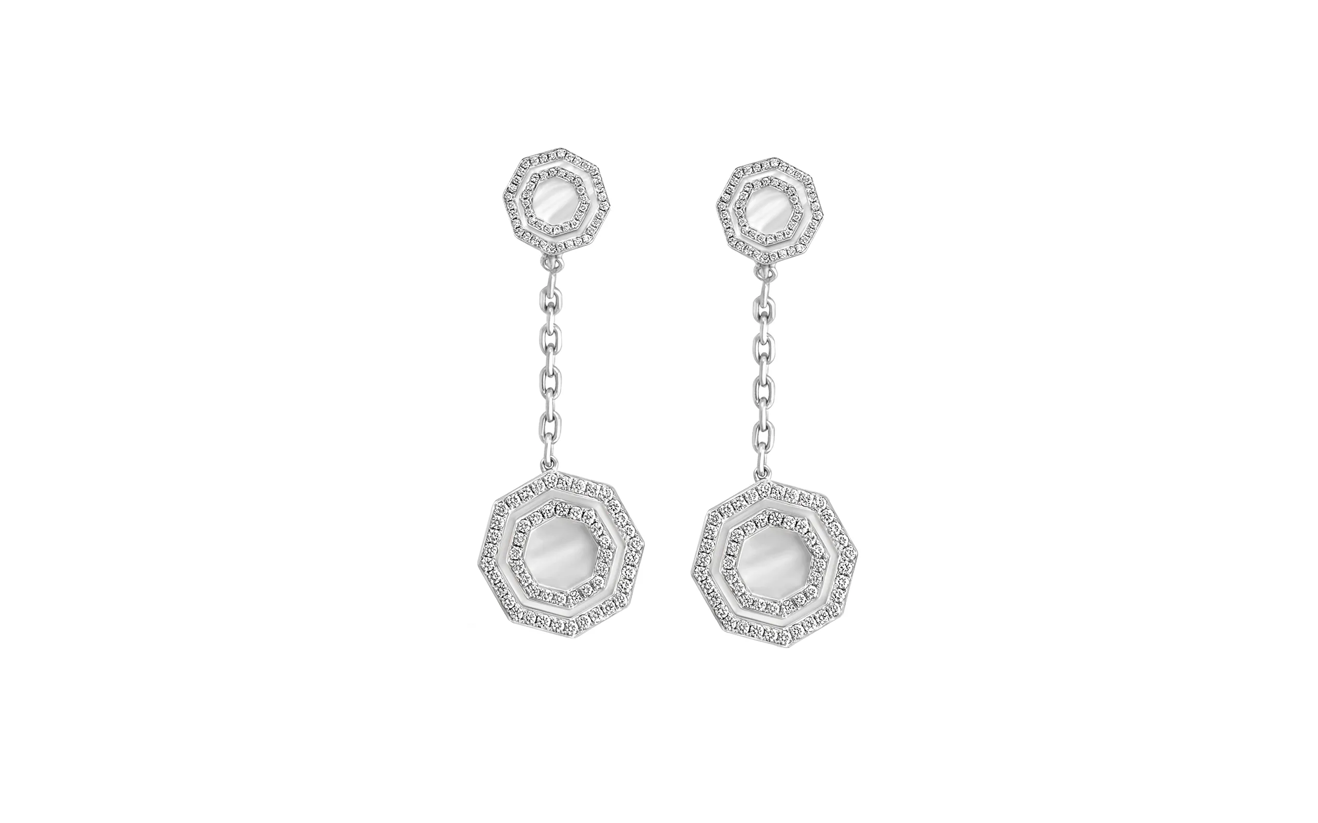 <p>AKANO Adaeze Hexagon Mother of Pearl drop earrings with D-F colour, VVS clarity diamonds and 8.2 carats of white shell, set in 18k gold </p>