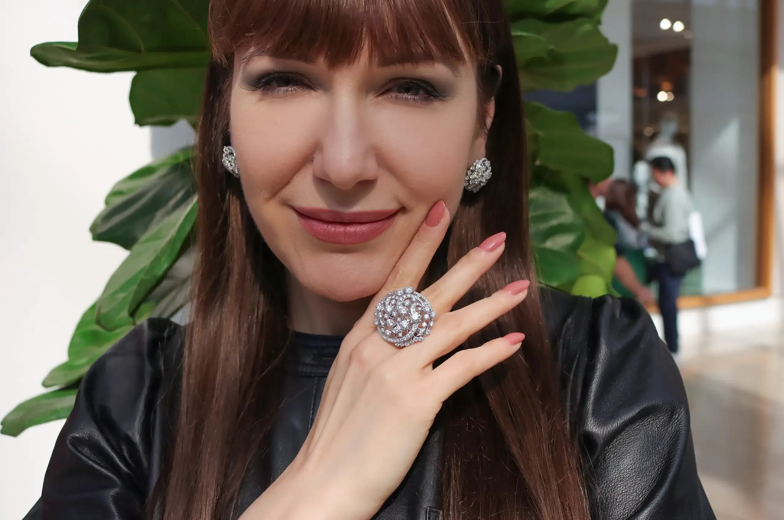 ANTON Jewellery’s Galaxy Diamond Ring and Earrings, set with round brilliant-cut diamonds in 18k palladium white gold