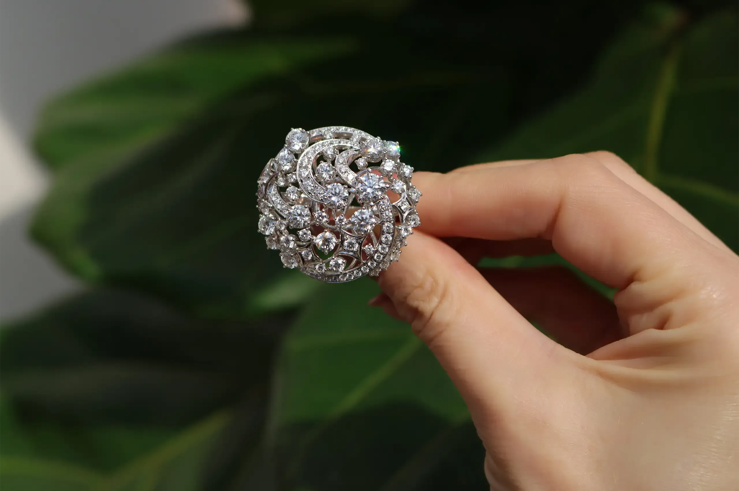 The Galaxy Diamond Ring brings together 107 round brilliant-cut diamonds weighing 6.92 carats in a swirling, three-dimensional design