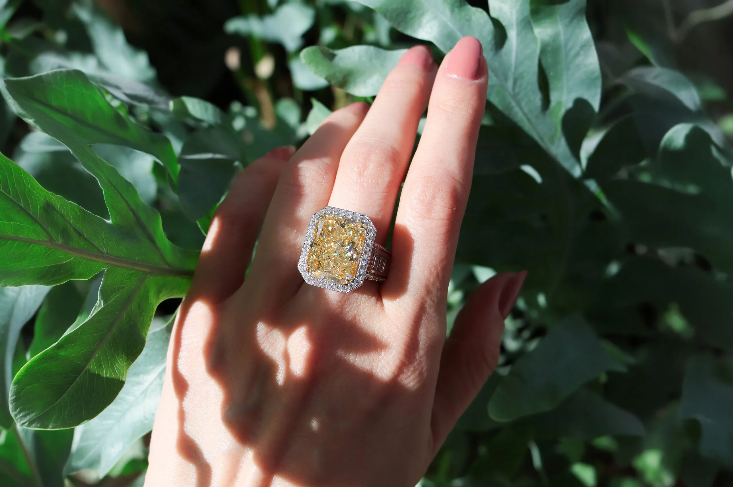 Seen in natural sunlight, the 15.28ct radiant-cut diamond reveals the intensity of its golden-yellow colour