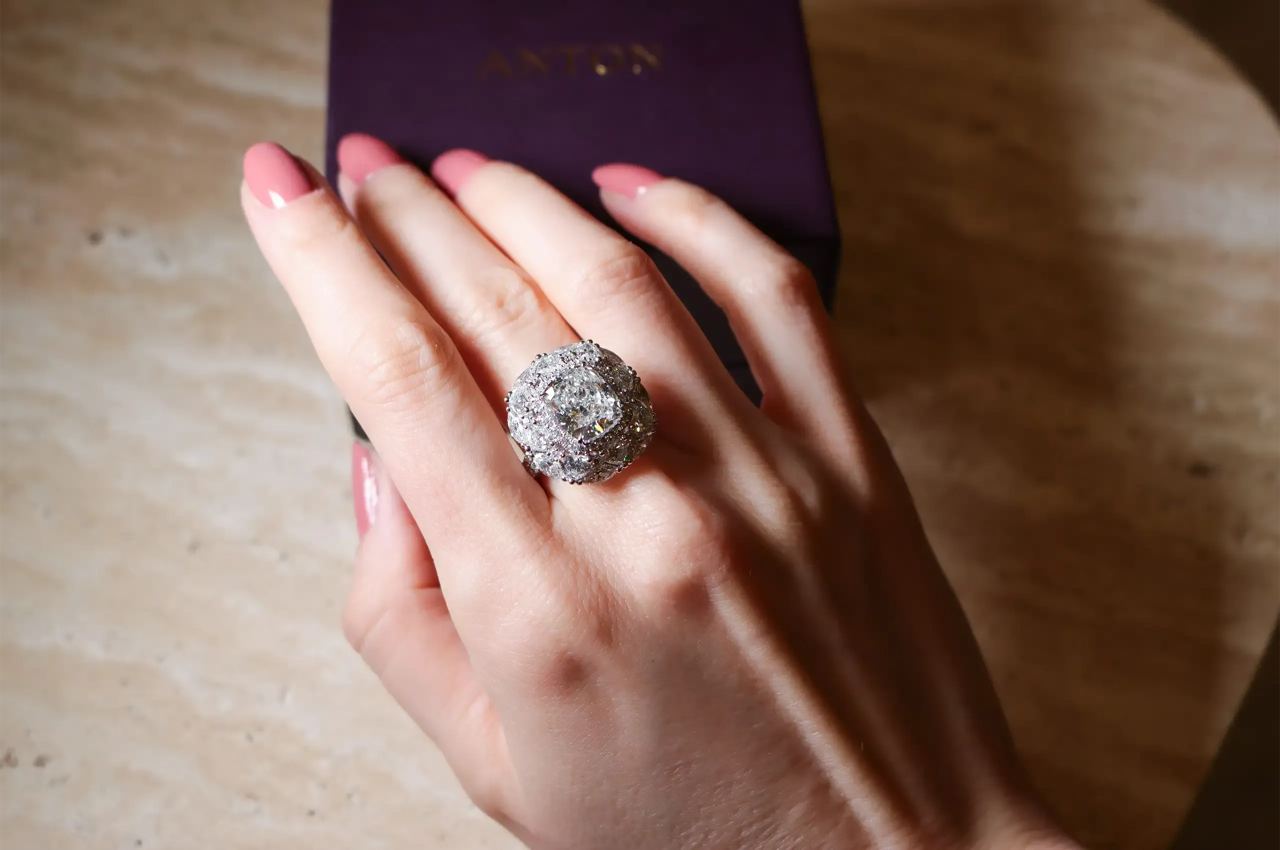 The High Jewellery ring combines 5.17ct of heart, marquise and round diamonds around its 5.23ct cushion-cut centre stone