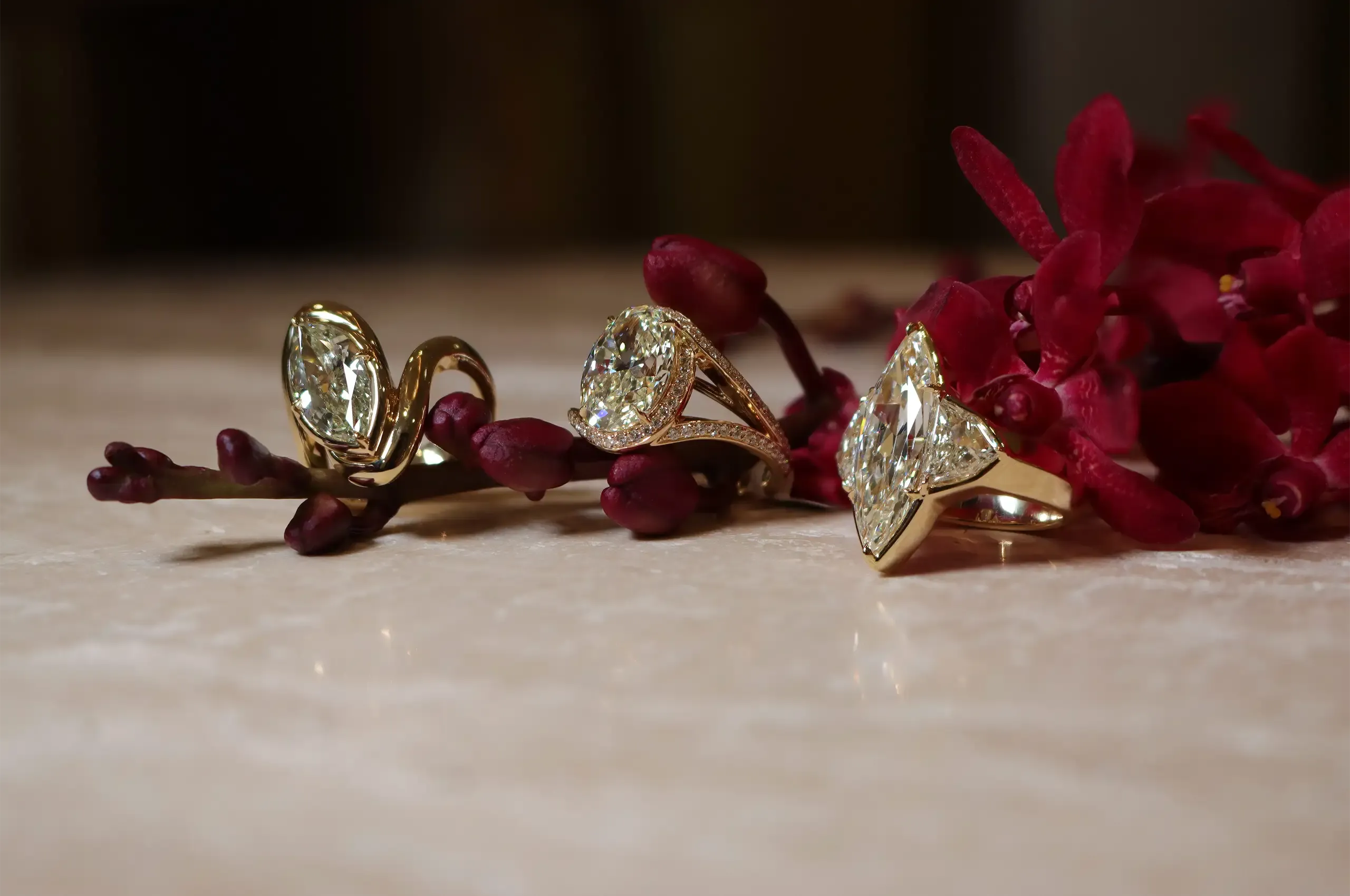Marquise-cut diamonds appear throughout ANTON’s Luminous Collection, explored through bezel, pavé and three-stone settings in 18k yellow gold