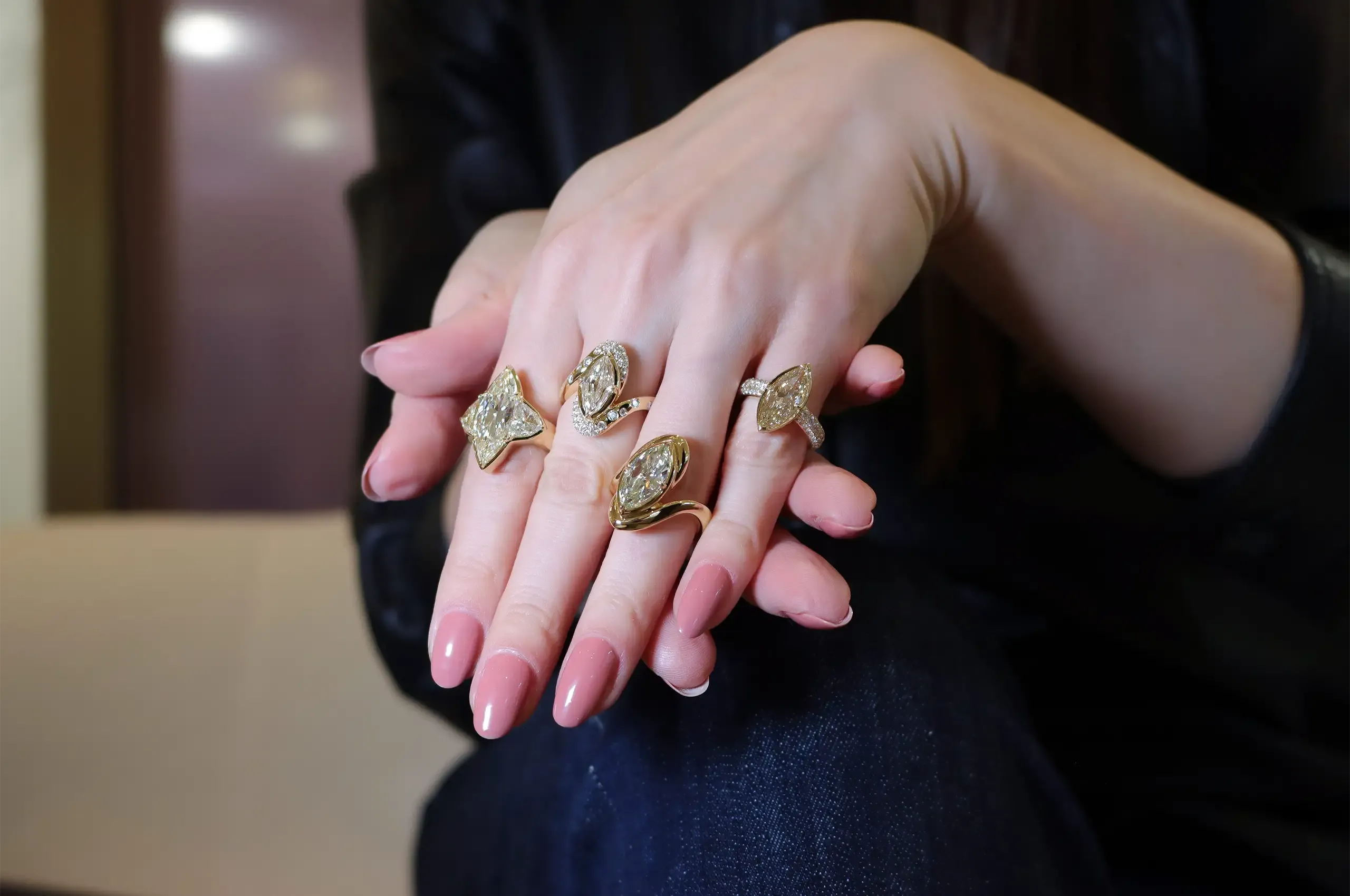 Four diamond rings from ANTON’s Luminous Collection, with centre stones including a 2.15ct desert diamond, a 3.03ct warm white diamond, a 3.03ct marquise-cut diamond and a 2.01ct lozenge step-cut diamond