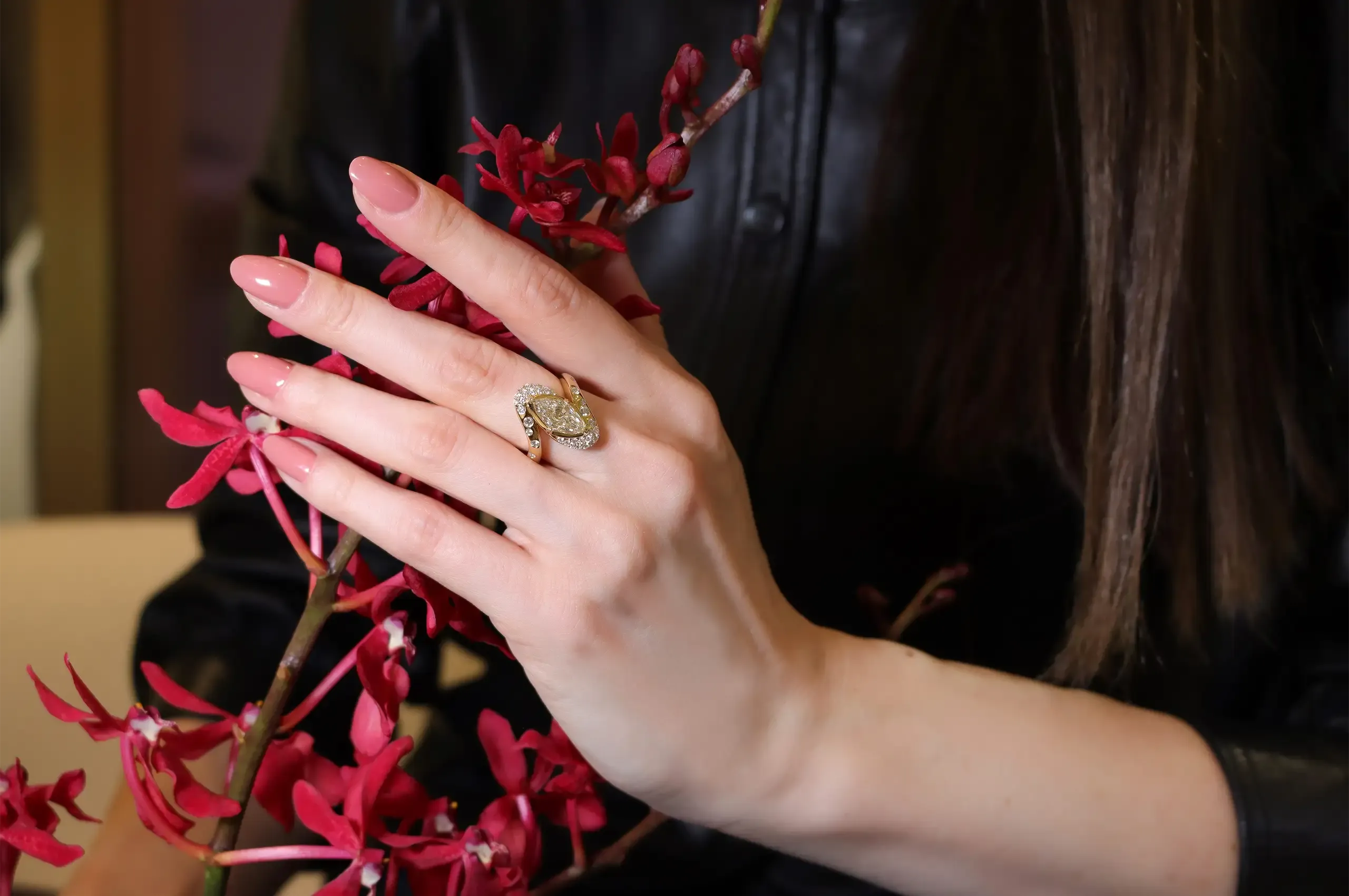 The Luminous Pave marquise diamond Ring features a 2.15ct desert diamond surrounded by 124 round diamonds totalling 1.67ct, set in 18k yellow gold