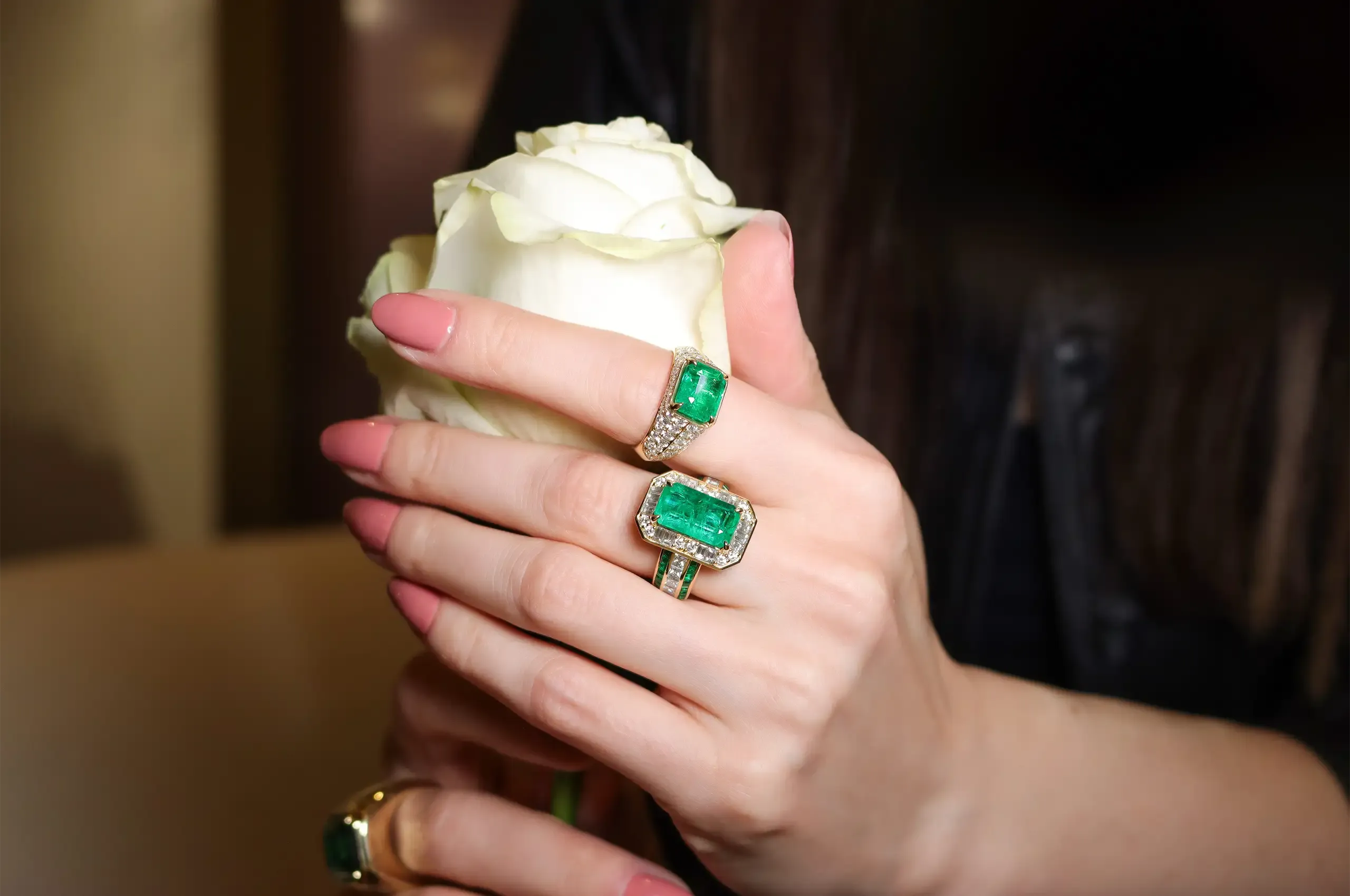 A selection of ANTON Jewellery emerald cocktail rings, among the High Jewellery creations that caught Katerina Perez’s eye during her visit to Melbourne
