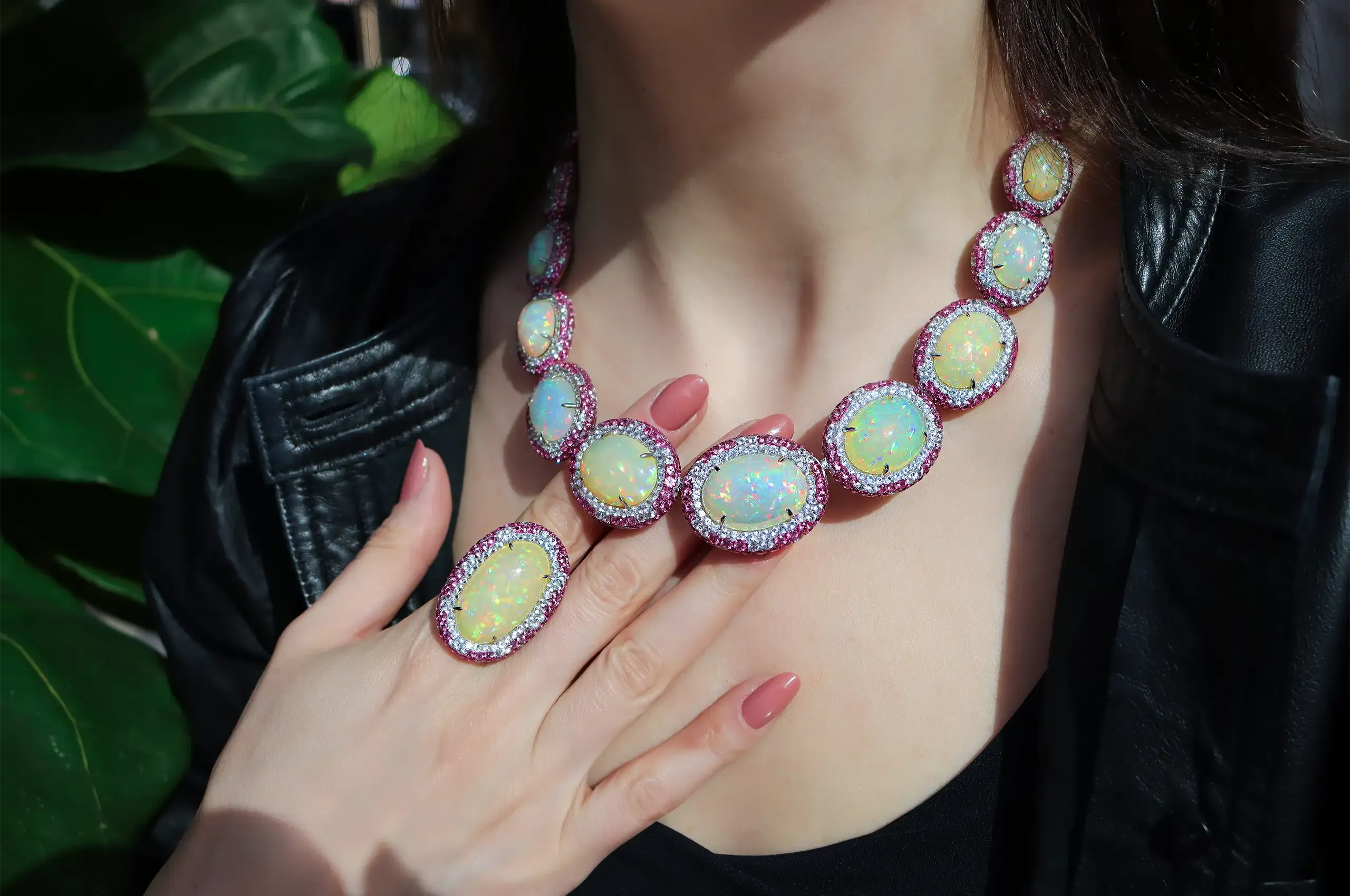 A closer look at the Rock Candy® collier, set with ten Ethiopian opals totalling 106.12ct and 1,566 pink and white sapphires with a combined weight of 105.92ct