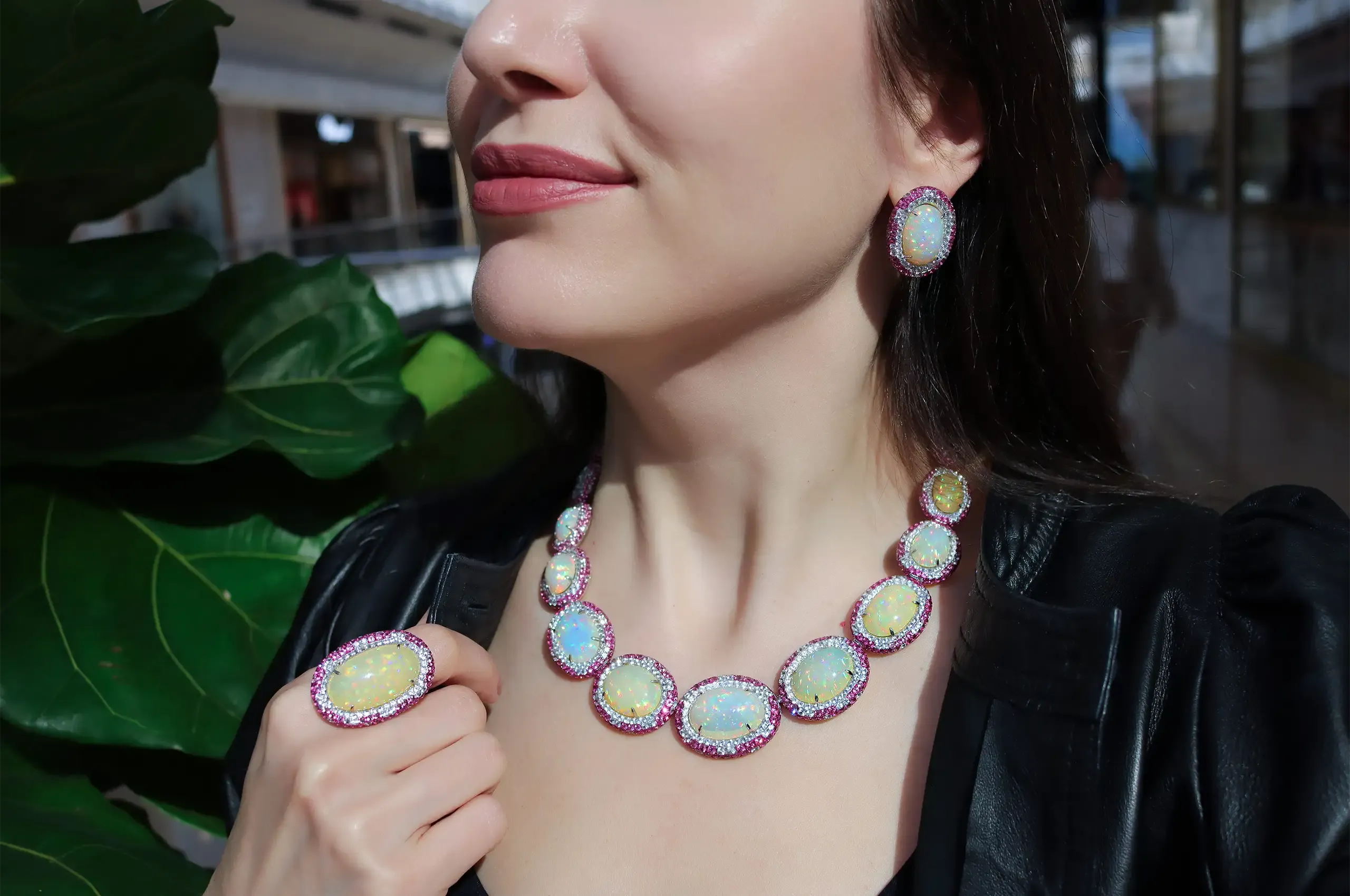 The Rock Candy® suite pairs Ethiopian opal cabochons with tailored-cut sapphires and pink spinels, set against white and pink rhodium finishes that enhance their hue