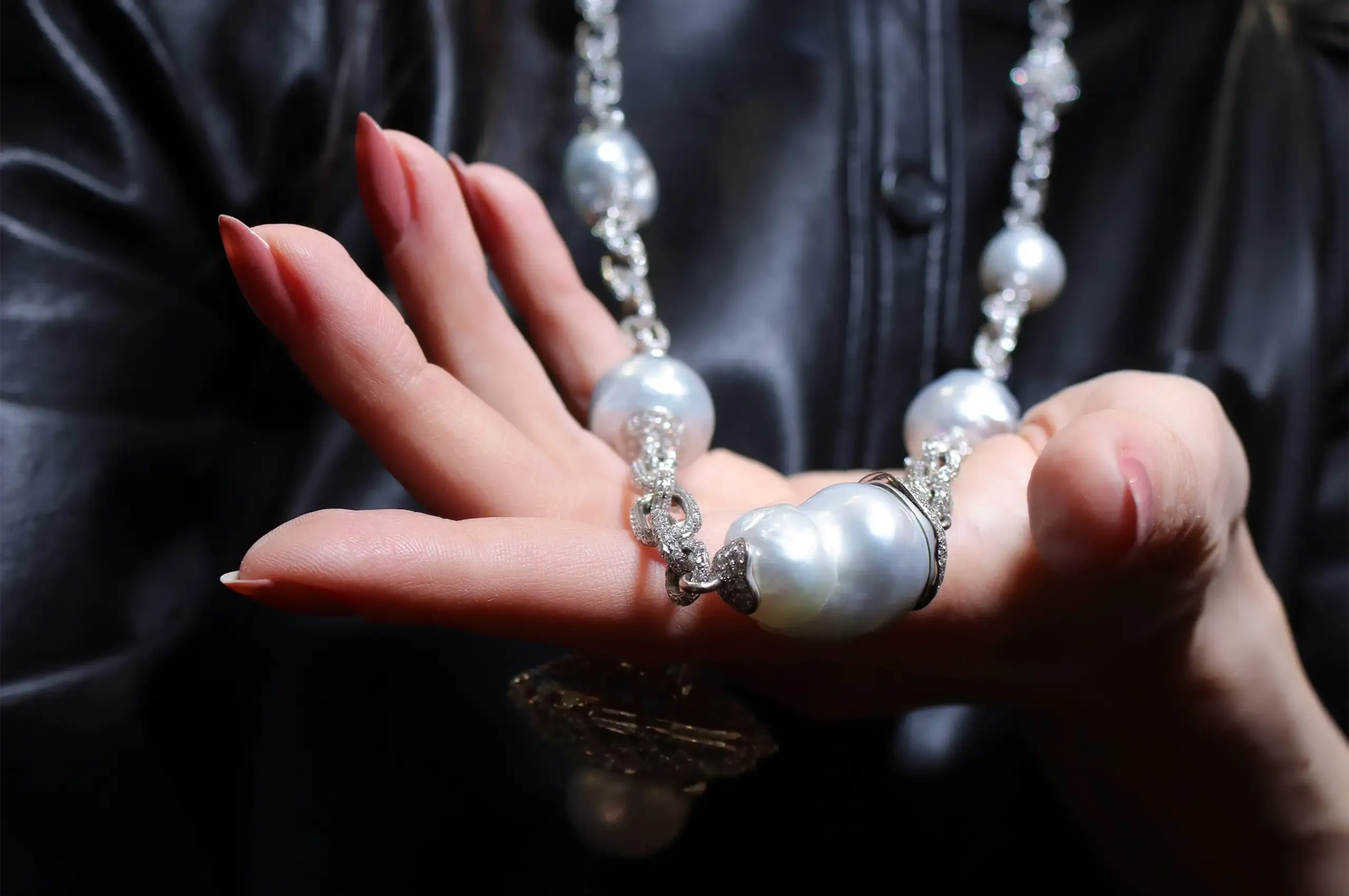 Nine Autore baroque South Sea pearls, ranging from 12 to 19mm, punctuate ANTON’s Artisan necklace, alongside 36.43ct of round brilliant-cut diamonds