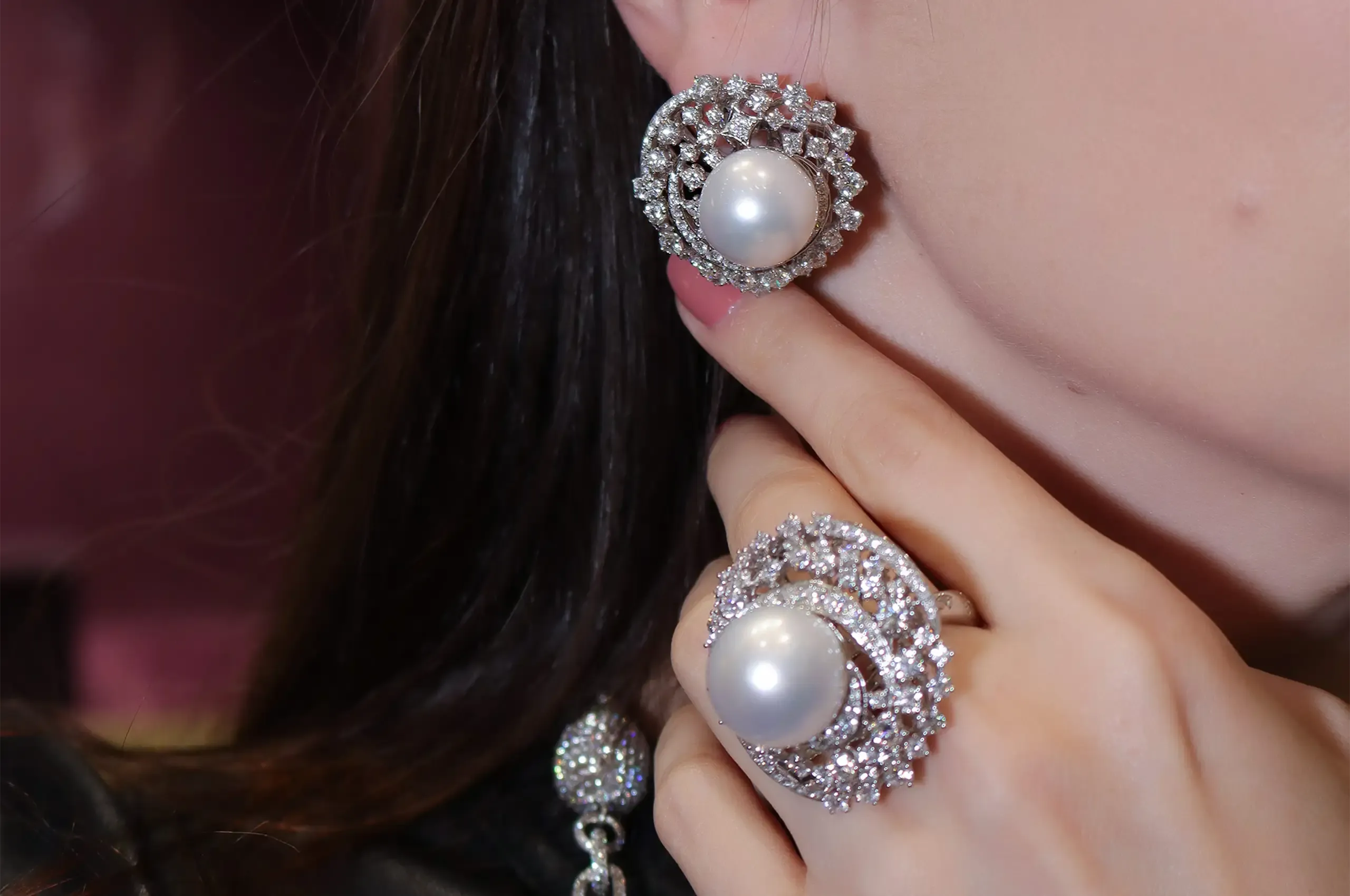 ANTON’s High Jewellery Galaxy Gala pearl and diamond earrings and ring, set with Autore South Sea pearls and round brilliant-cut diamonds