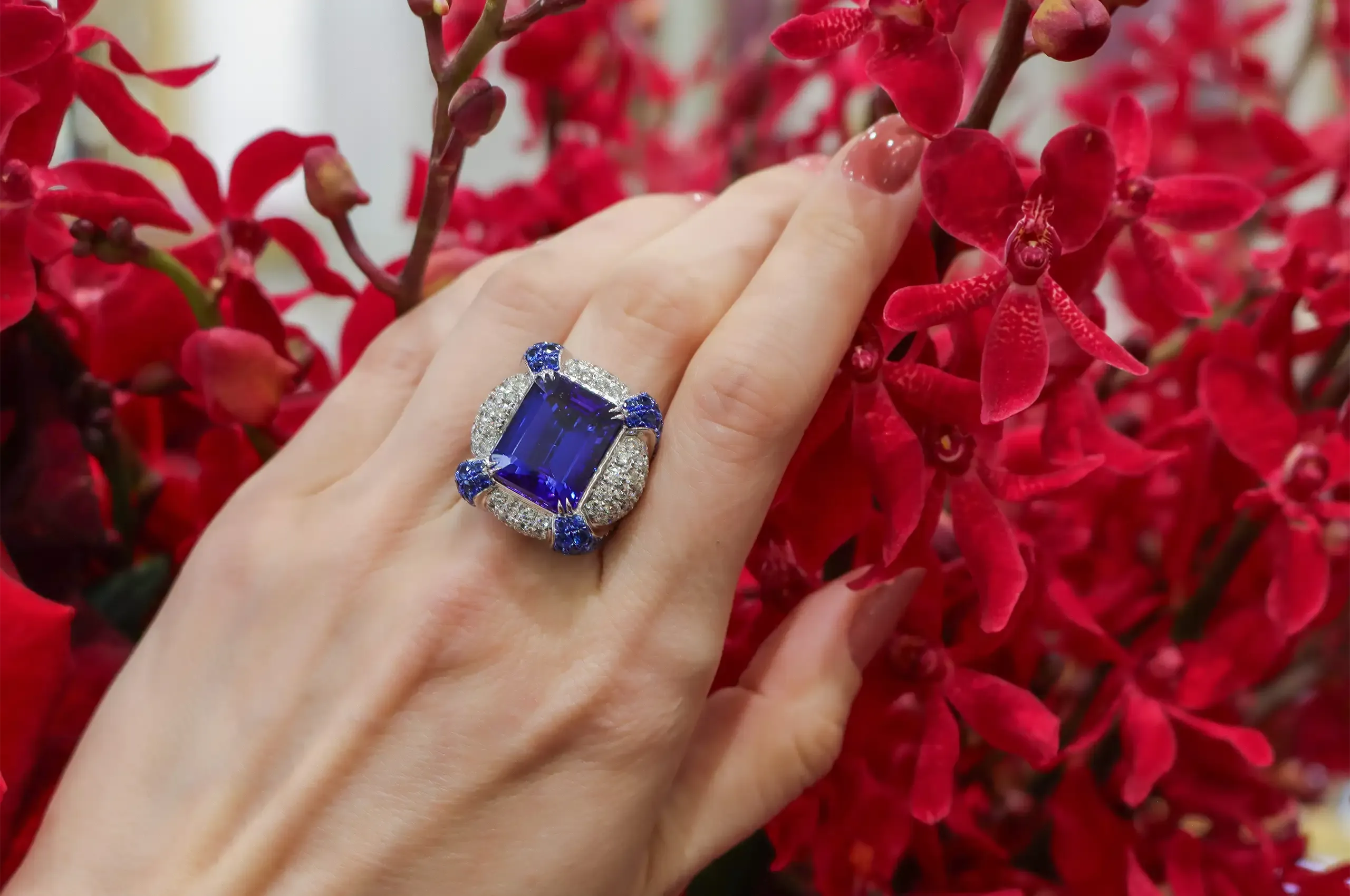 ANTON Jewellery’s Regal Tanzanite, Sapphire and Diamond Ring, set with a 14.95-carat emerald-cut tanzanite in platinum