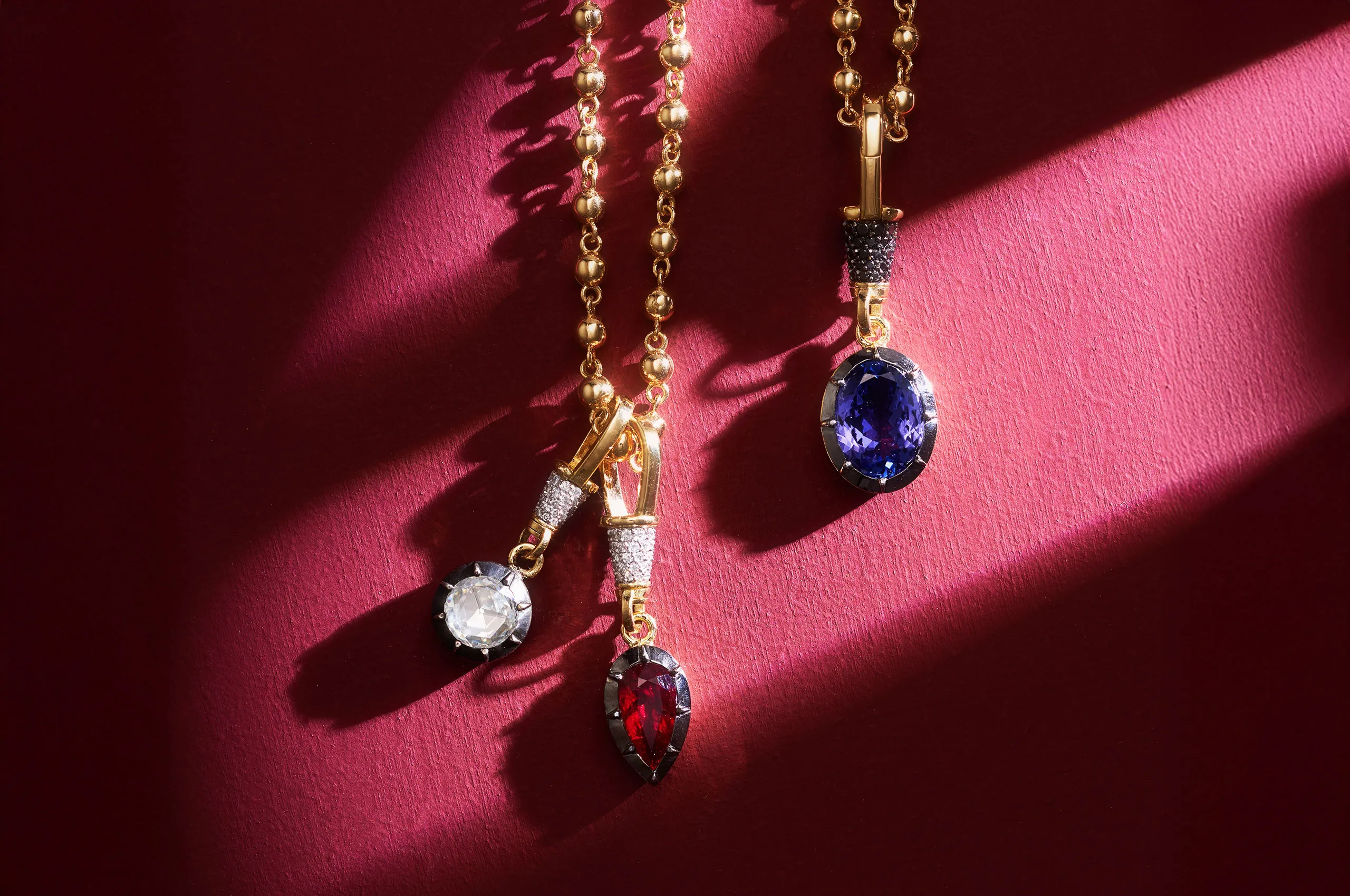 <p>Aponine Diamond Drop, Ruby Drop and Tanzanite Drop pendants from the Sassy Classics collection</p>
