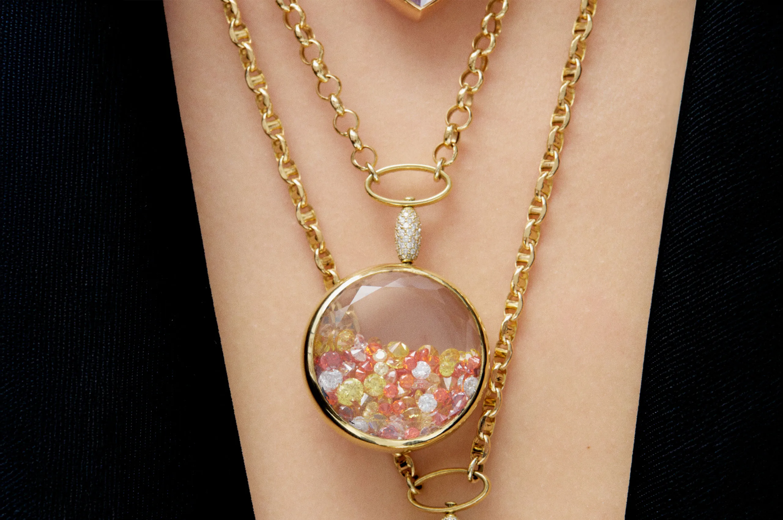 <p>Aponine Round Medallion from the Sparks collection crafted in white quartz and 18k yellow gold, filled with diamonds and the brand&#8217;s &#8216;sunshine crystal mix&#8217; totalling 28.62 carats</p>
