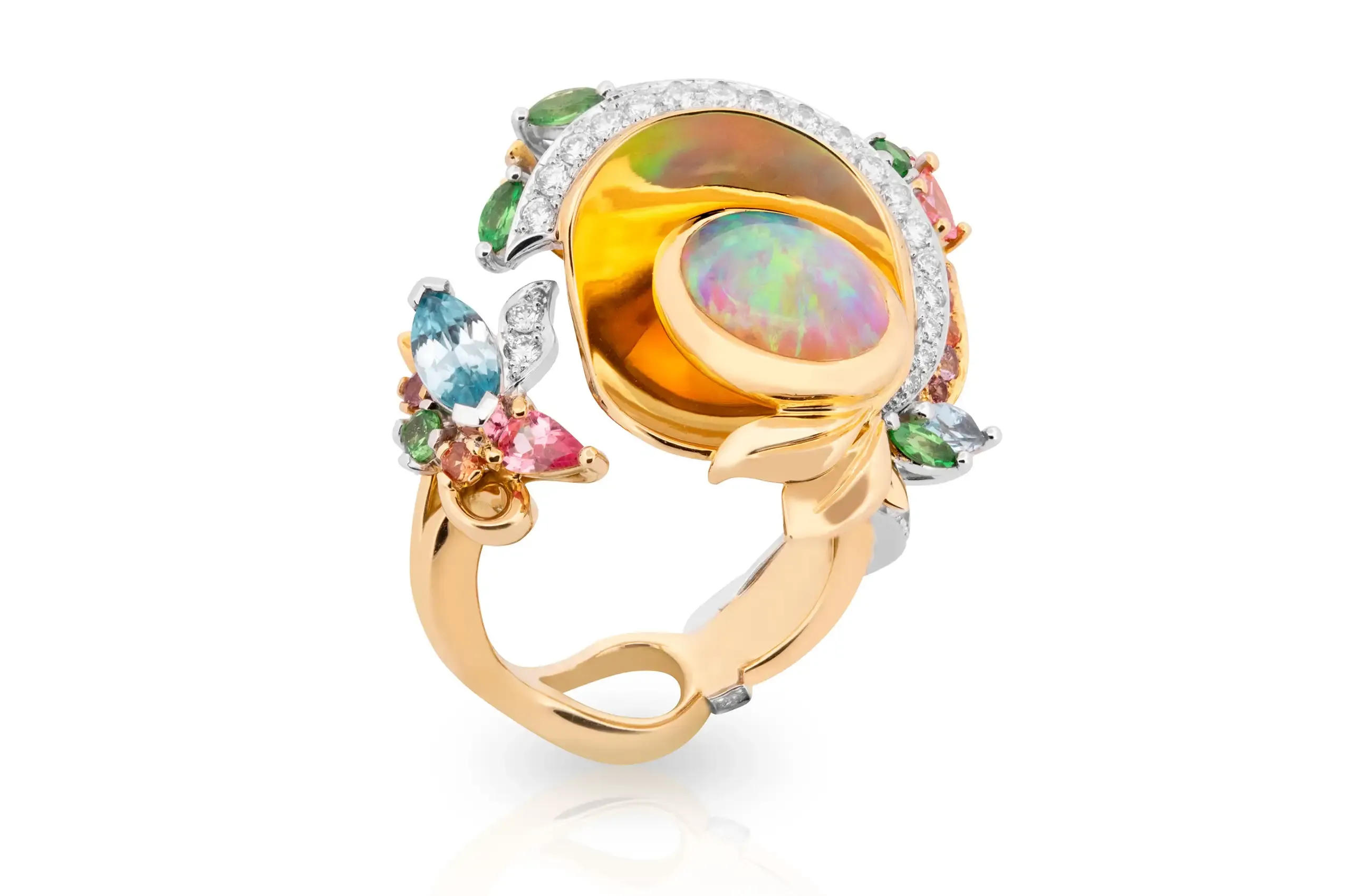 Artisans Bespoke Jewellers’ award-winning Khroma ring with a 3.45 carat oval cabochon-cut crystal opal from Lightning Ridge and an intricate halo of zircon, sapphire, garnet, spinel and diamonds, set in 18k yellow and white gold 