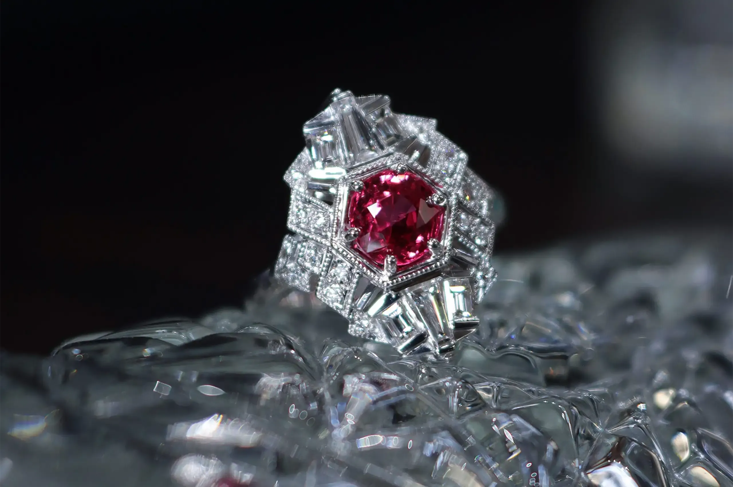 Artisans Bespoke Jewellers Empire ring with a 1.80 carat red spinel and 0.70 carats of round and baguette-cut diamonds set in 18k white gold 