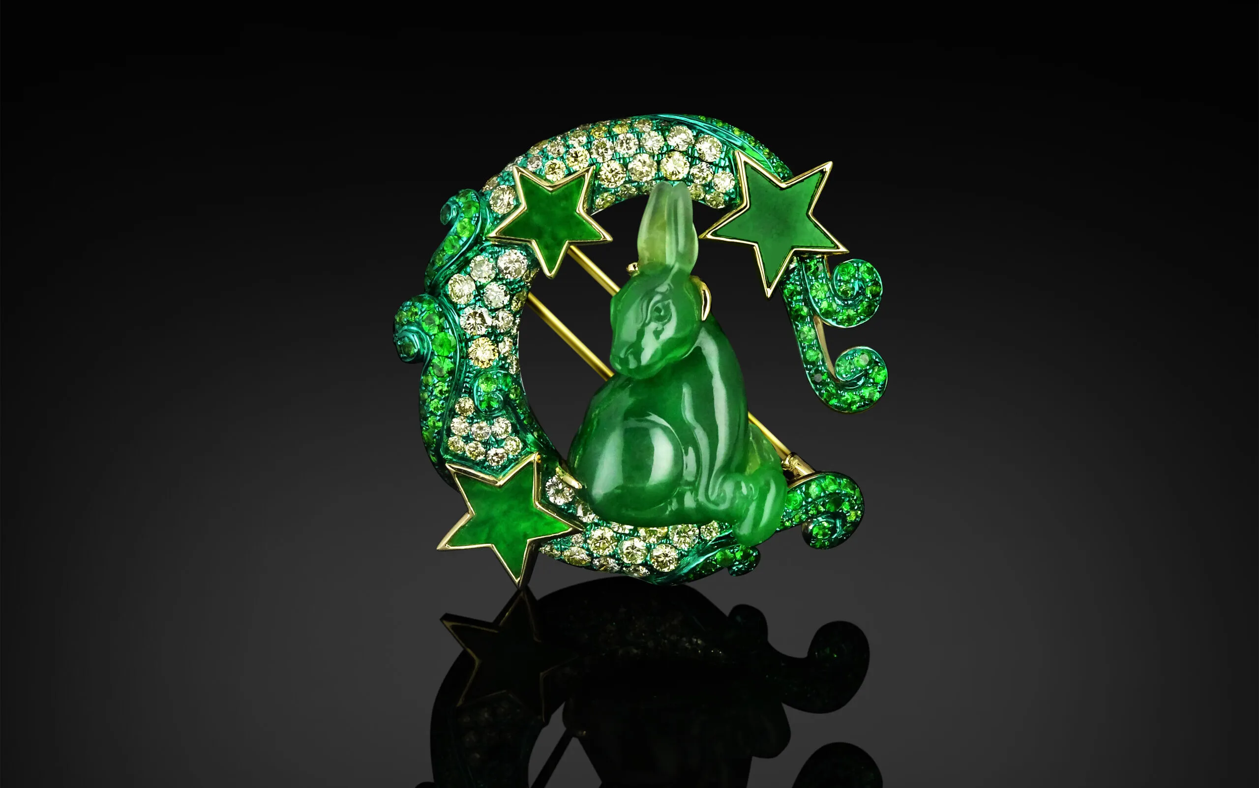 <p>Austy Lee The Lunar Hare brooch from The Jade Dynasty collection with Burmese green jades, tsavorites and fancy colour diamonds set in 18k yellow gold </p>