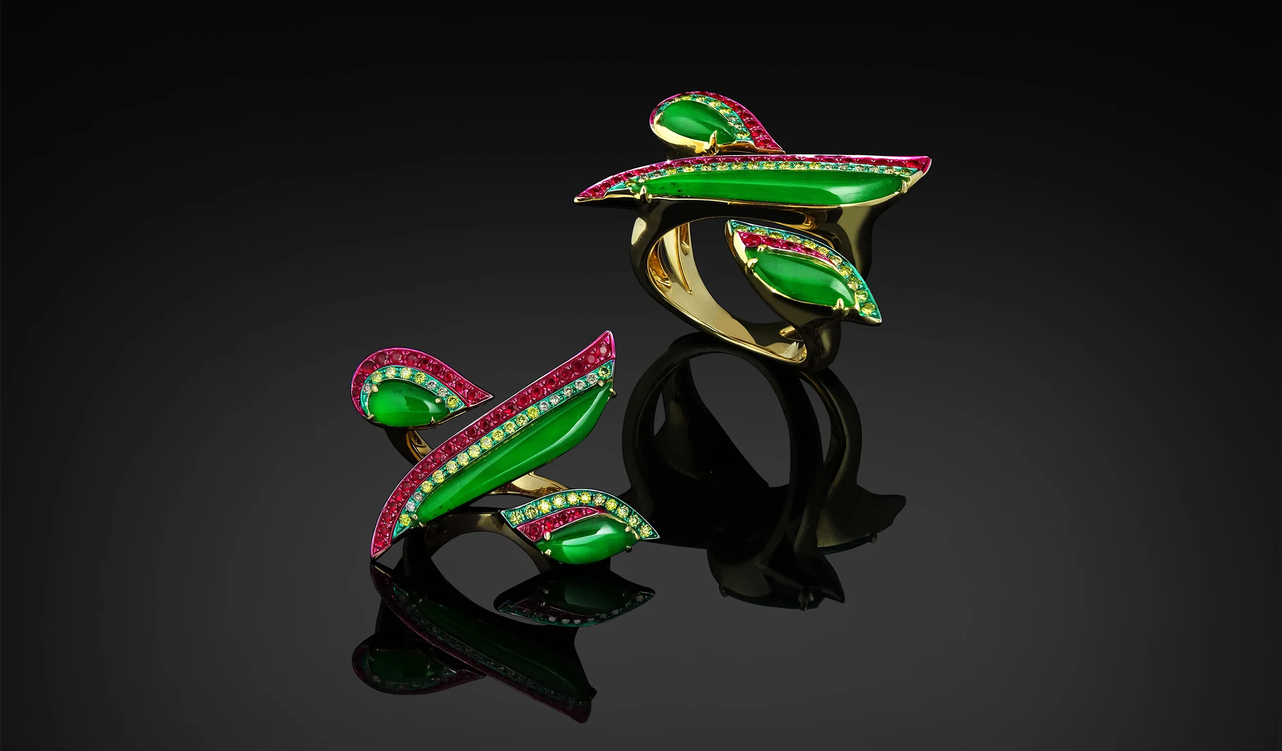 <p>Austy Lee The Bamboo Hover ring from The Jade Dynasty collection with Burmese green jades, rubies, fancy yellow diamonds and white diamonds set in 18k white gold </p>