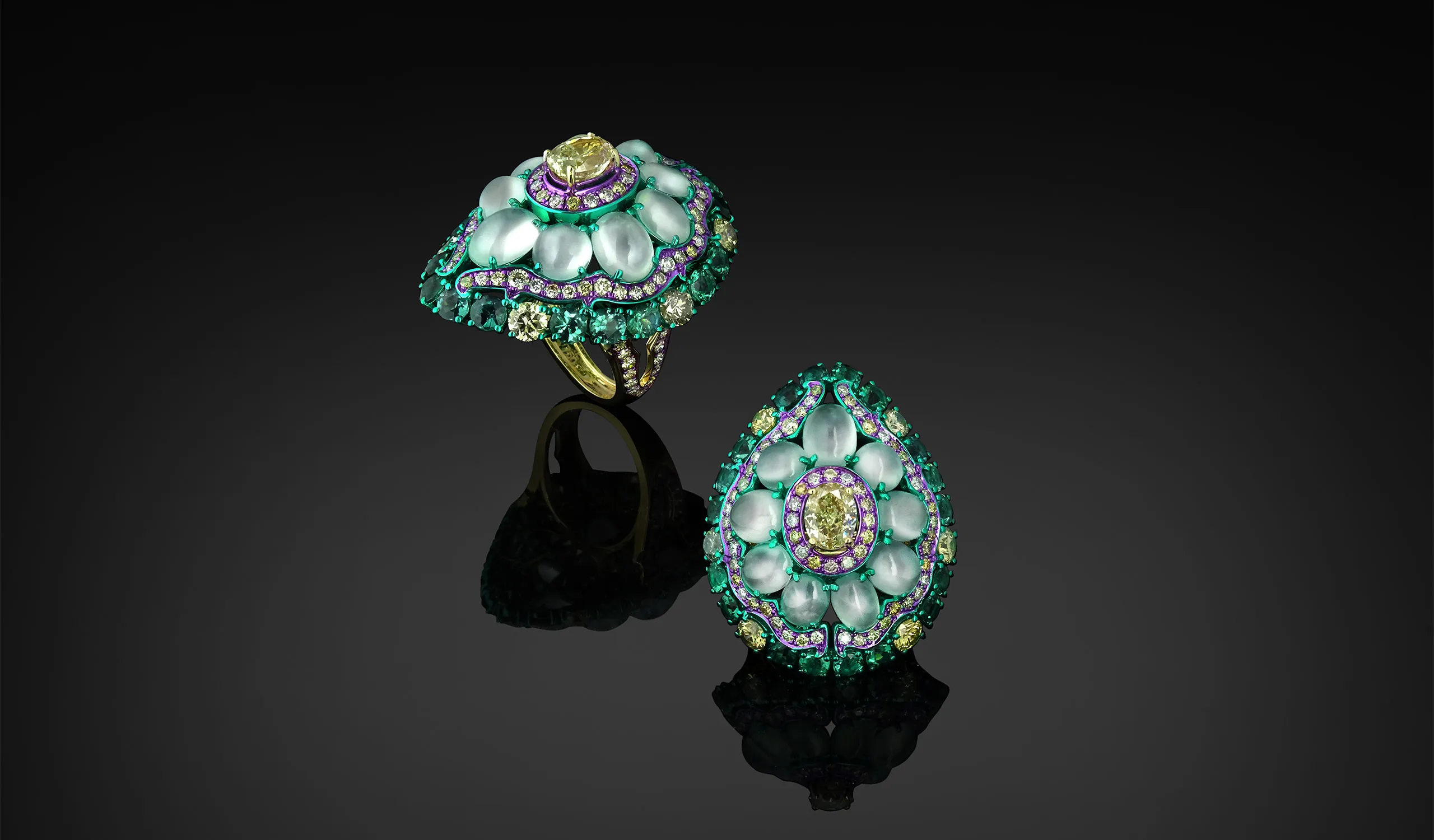 <p>Austy Lee The Mojito ring from The Jade Dynasty collection with Burmese white jades, fancy brownish pink diamonds, indicolites, and further fancy colour diamonds set in 18k white gold </p>