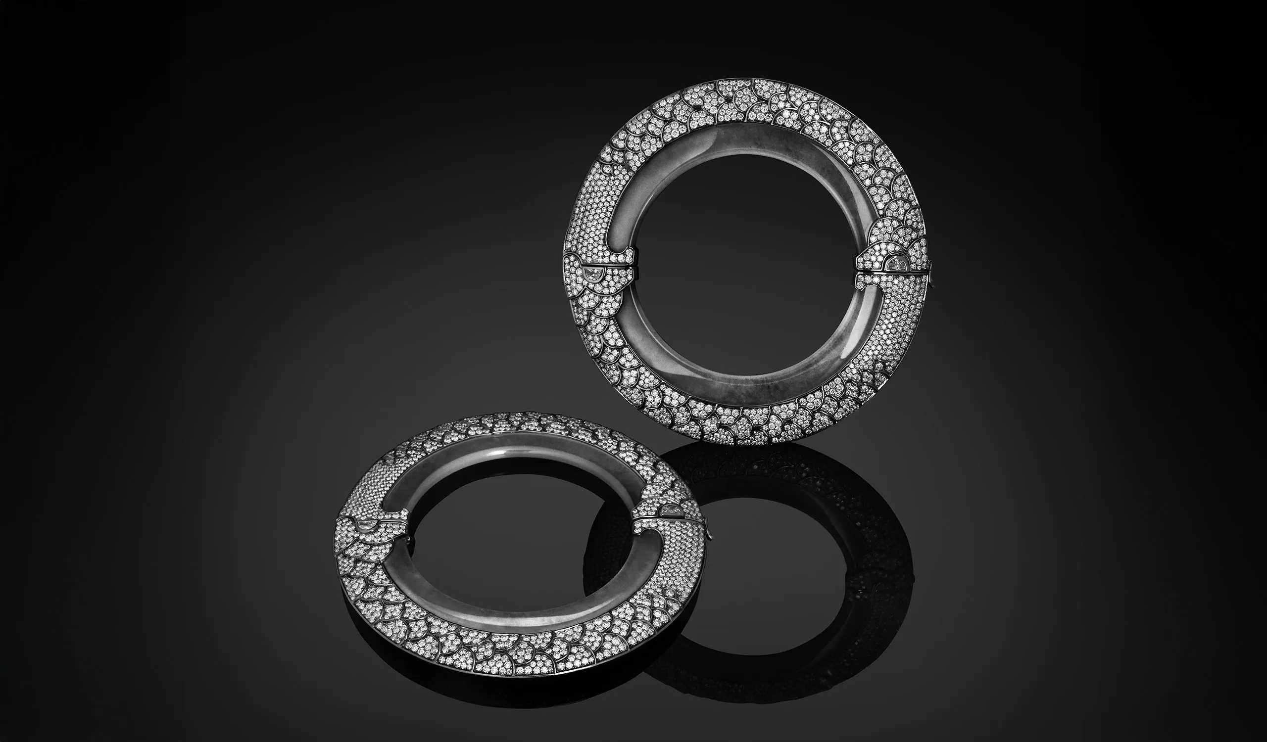 <p>Austy Lee The Maccha-yugala bangle from The Jade Dynasty collection with Burmese white jades and white diamonds set in 18k white gold </p>