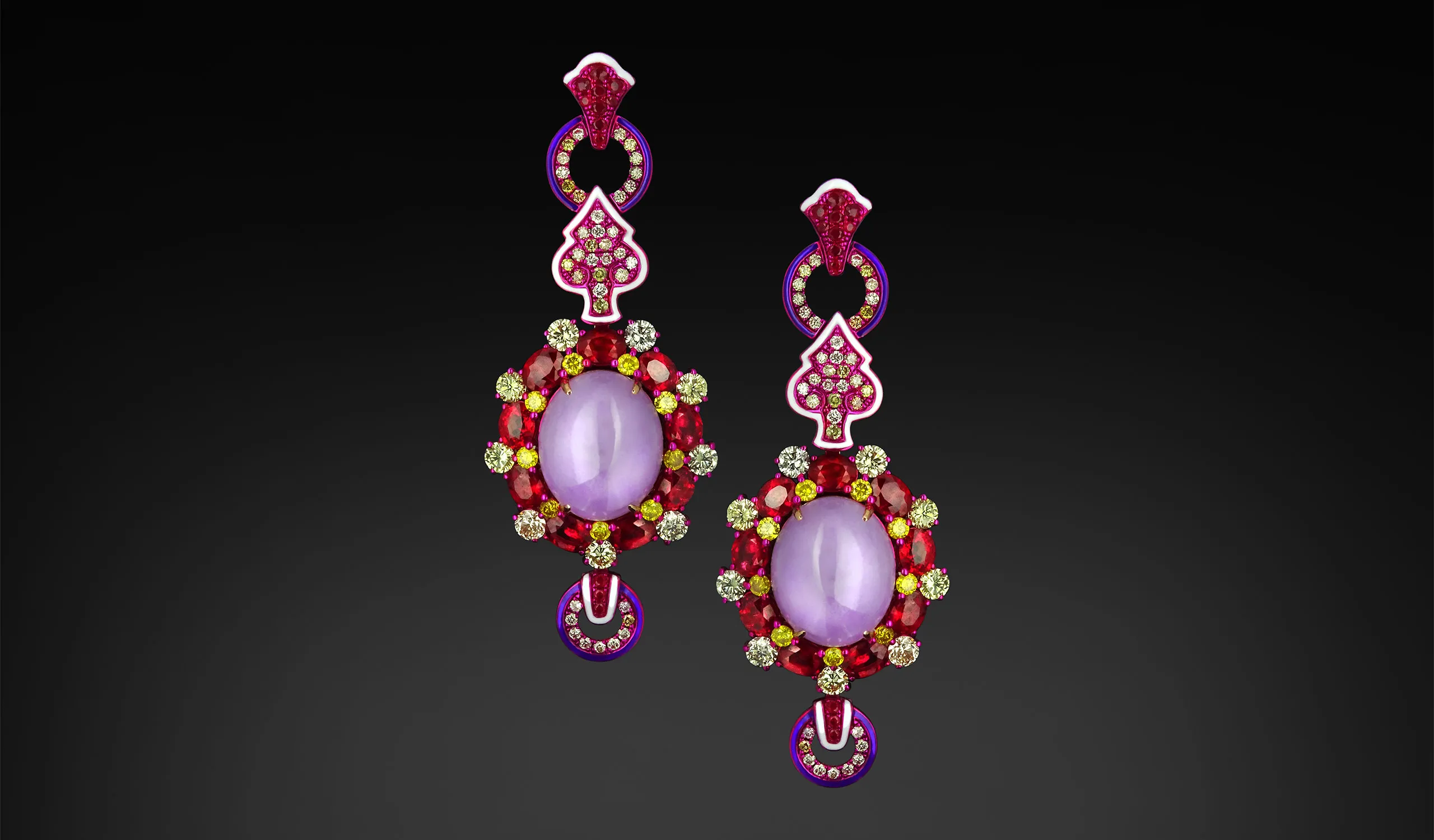 <p>Austy Lee The Pinkyboooo earrings from The Jade Dynasty collection with Burmese purple jades, Mozambican unheated rubies, further rubies, white and purple enamel, fancy vivid yellow diamonds and fancy colour diamonds set in 18k rose gold </p>